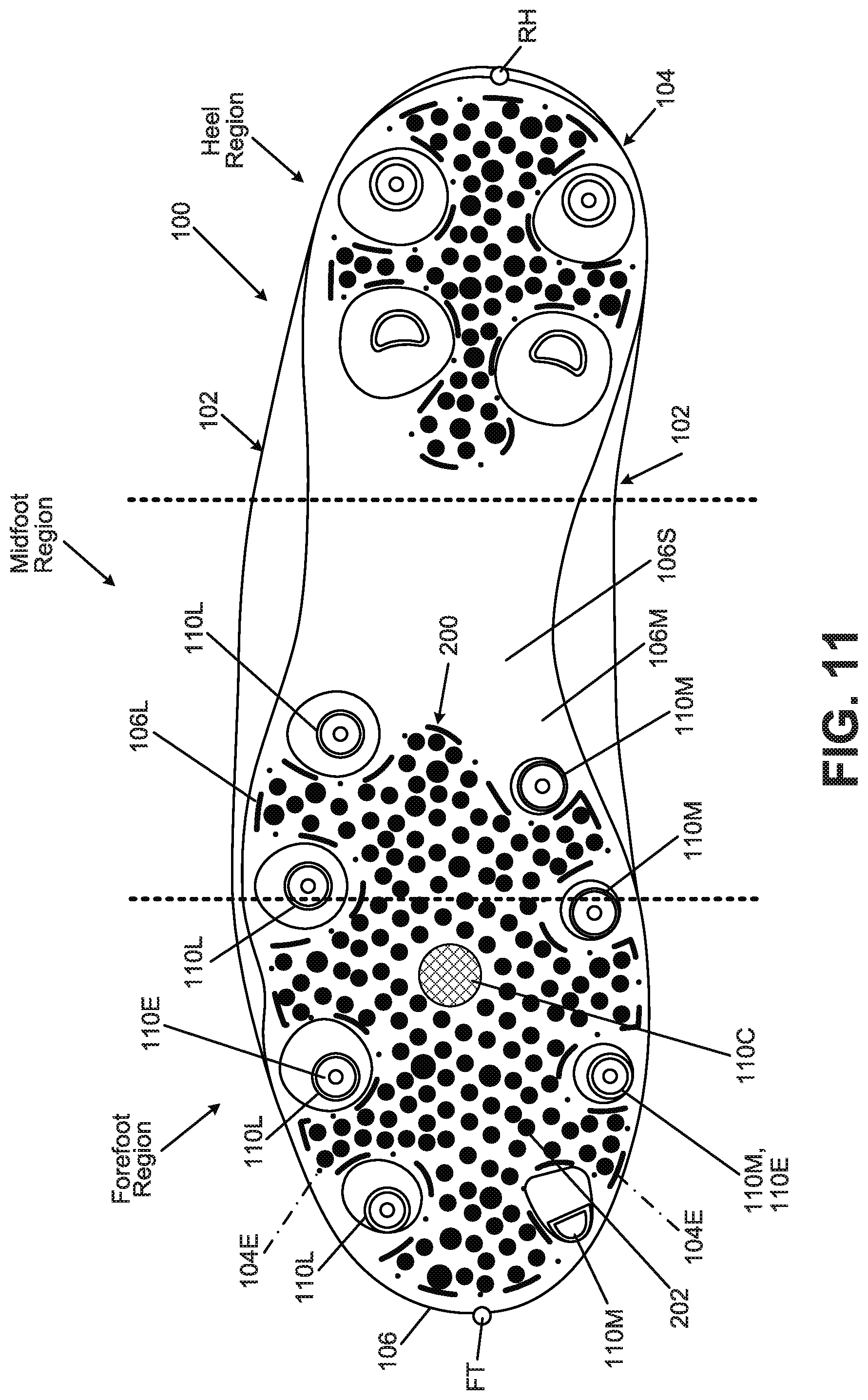 Patent US12102174 Figure 13 – Foot support components for articles of footwear including multiple flexible projections at the ground-facing surface