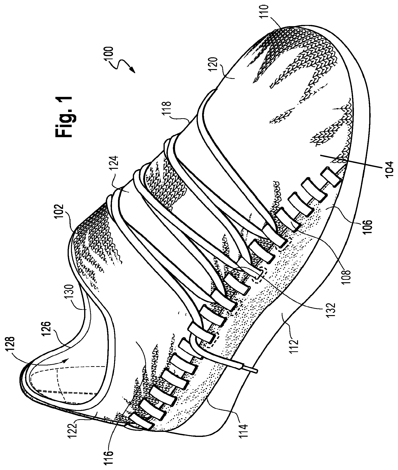 Patent US12102188 Figure 1 – Upper for an article of footwear having a tie structure
