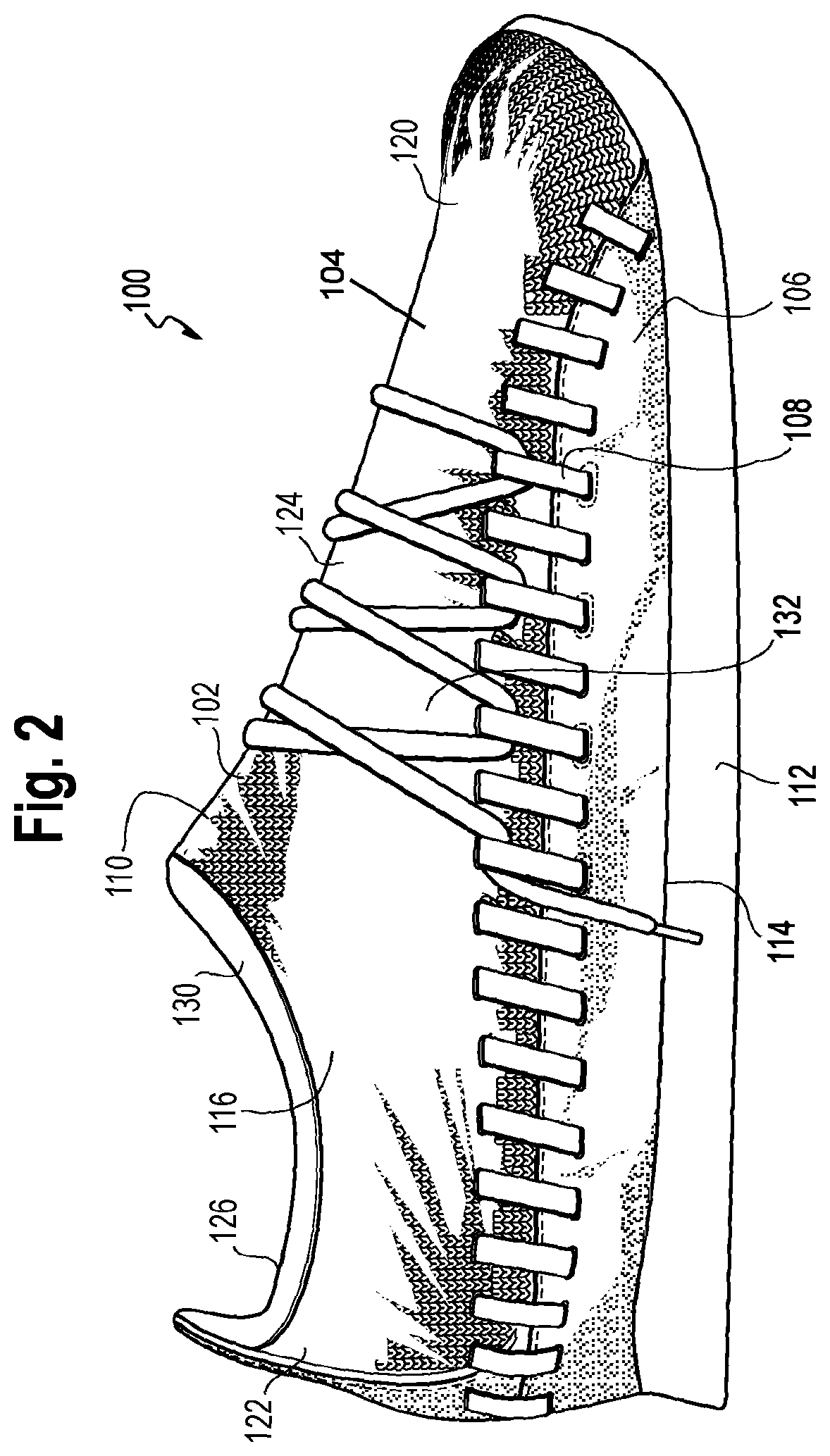 Patent US12102188 Figure 2 – Upper for an article of footwear having a tie structure
