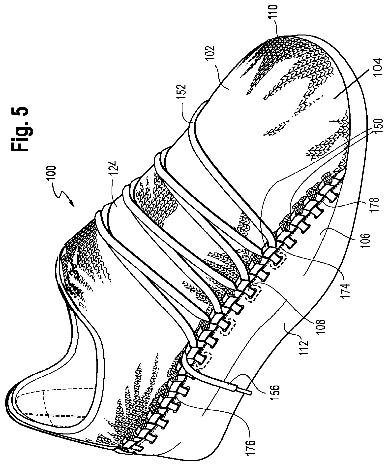 Patent US12102188 Figure 5 – Upper for an article of footwear having a tie structure