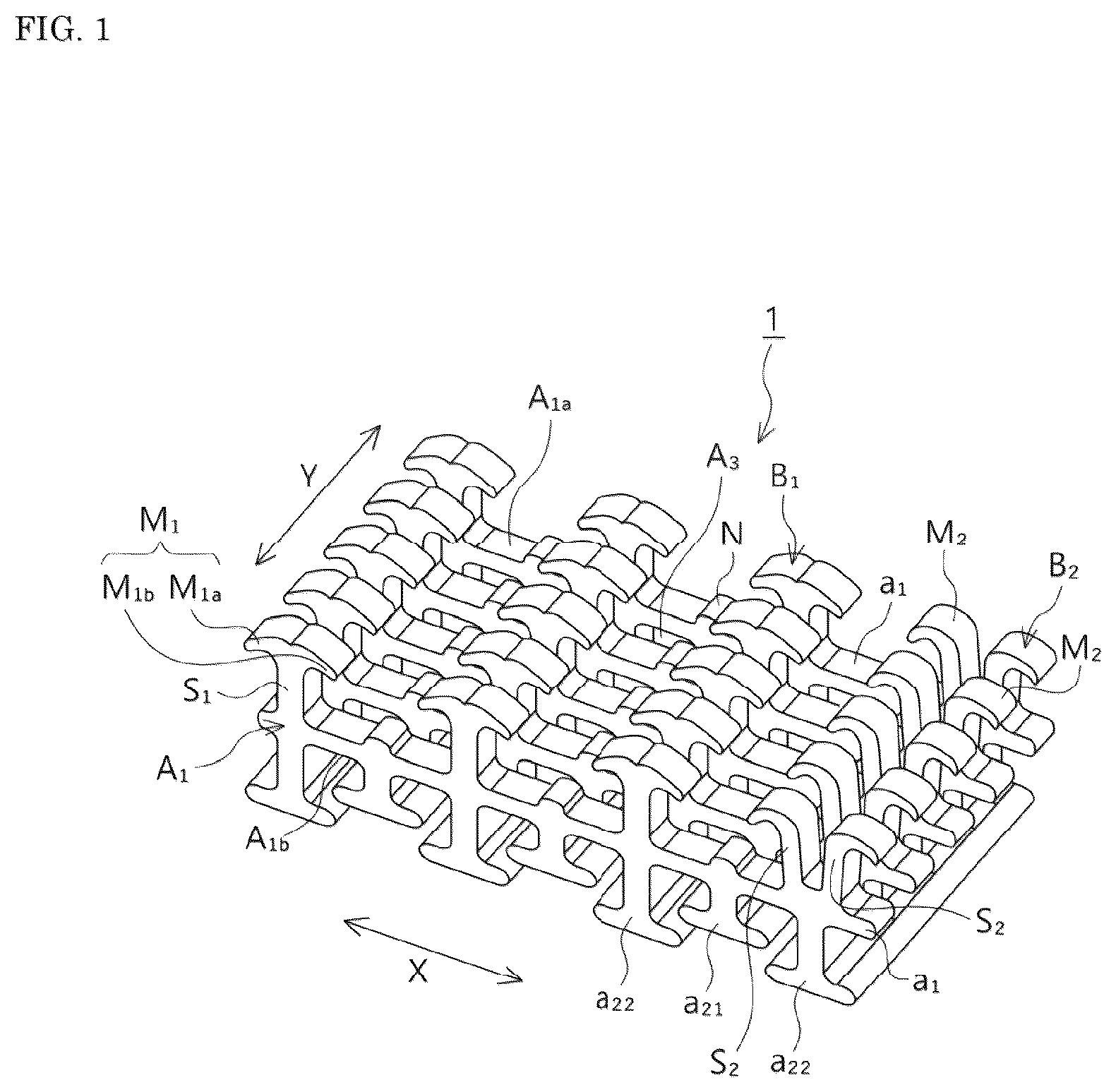 Patent US12102193 Figure 1 – Mesh hook surface fastener, production method therefor, and production method for surface fastener-attached molded body