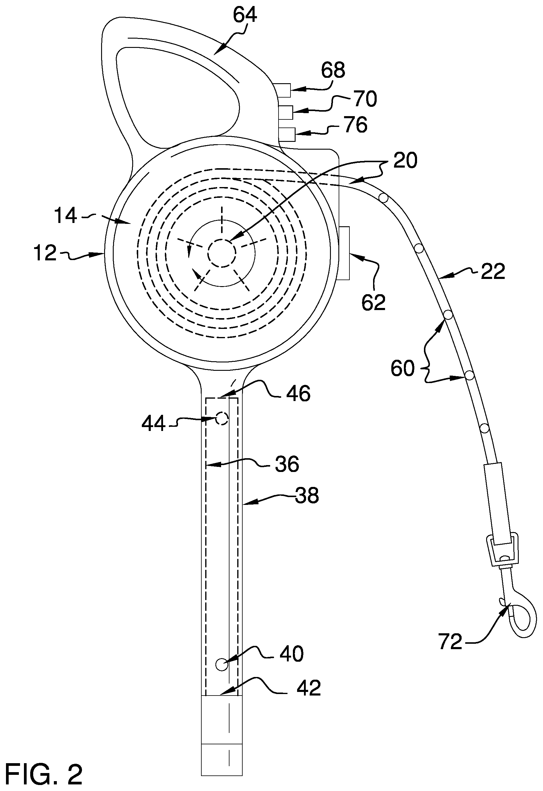 Patent US12102197 Figure 2 – Animal tethering, assistive cane, and personal defense combination device