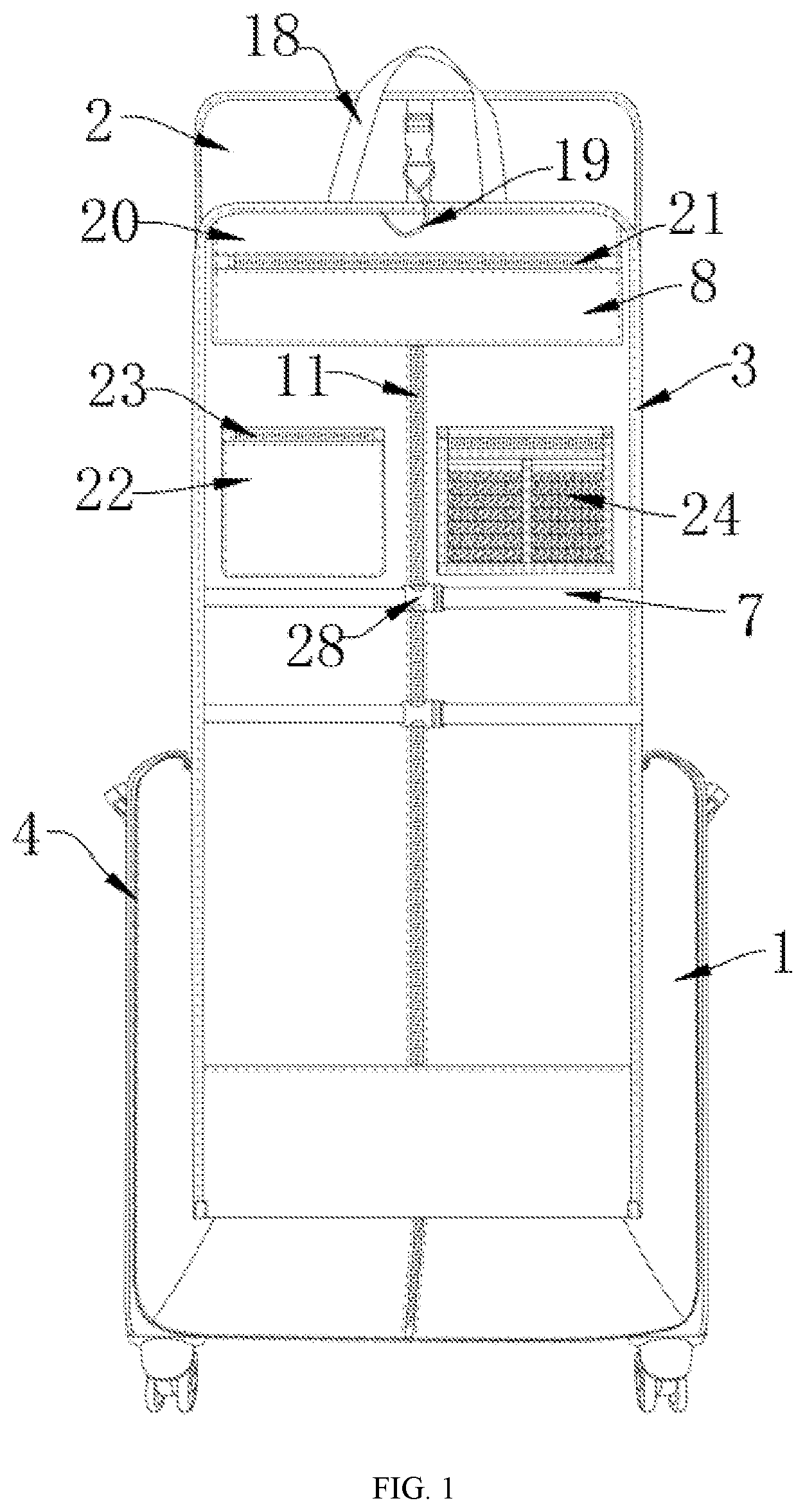 Patent US12102201 Figure 1 – Suitcase with garment bag