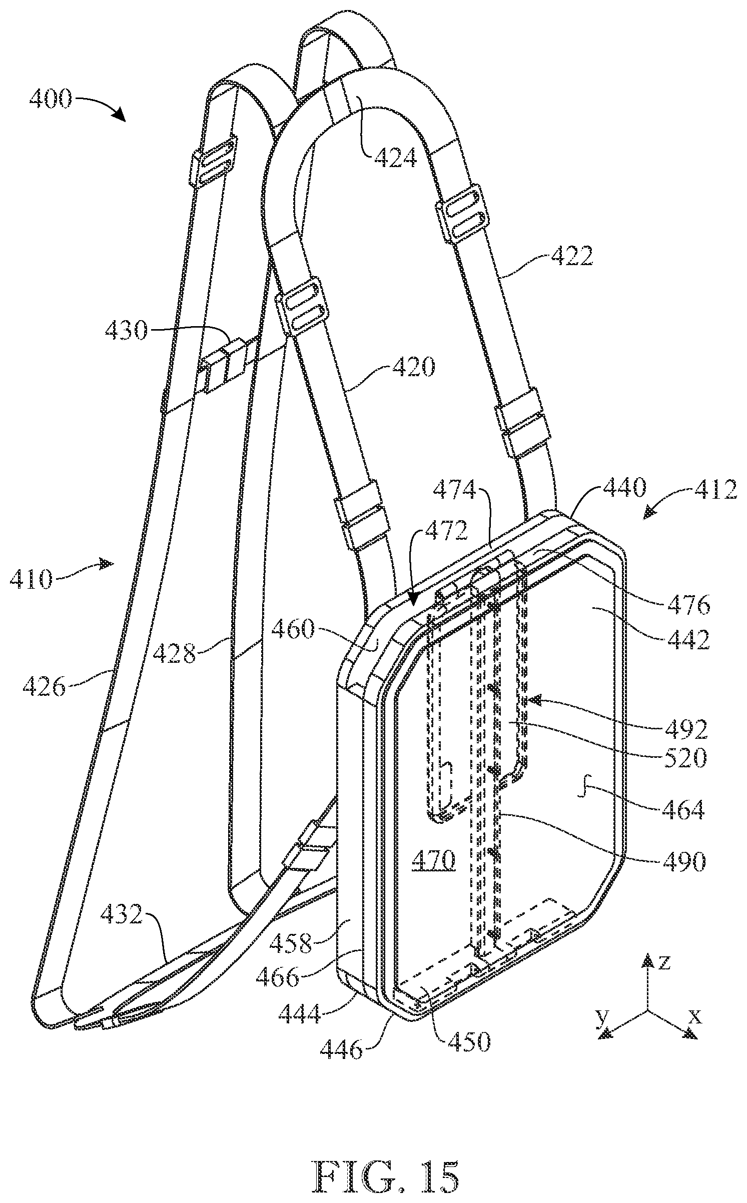 Patent US12102218 Figure 15 – Wearable support assembly for carrying an electronic device or other item in a functional position