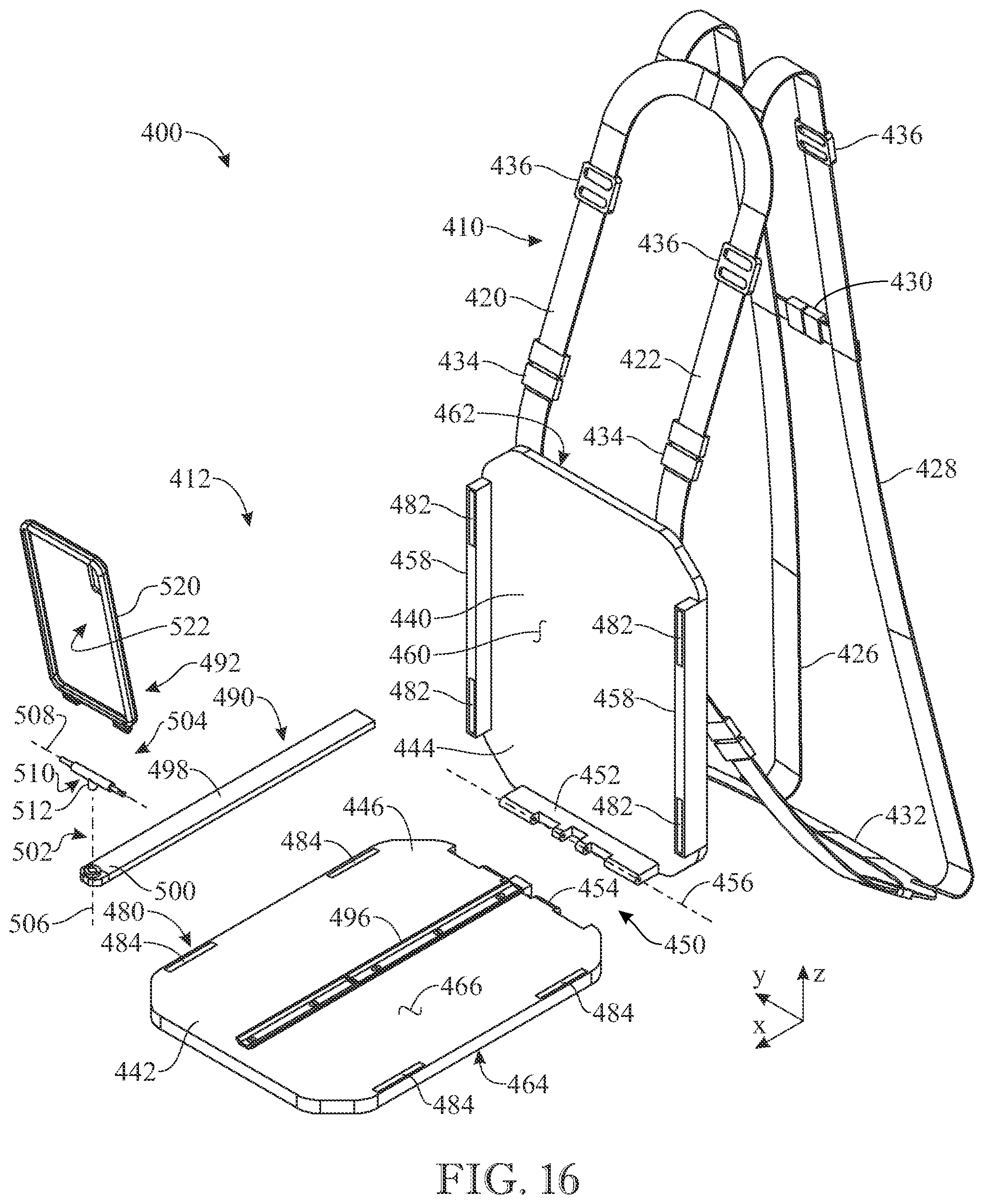 Patent US12102218 Figure 16 – Wearable support assembly for carrying an electronic device or other item in a functional position