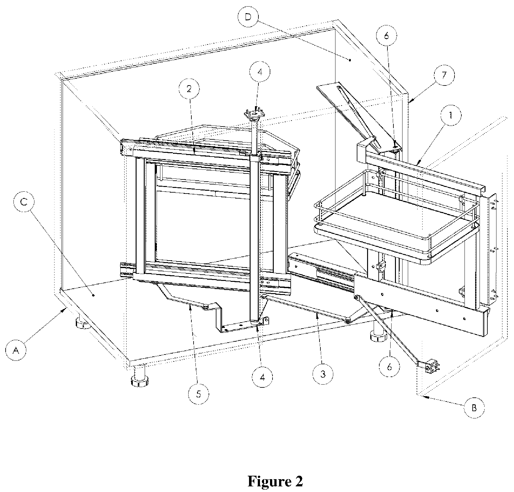 Patent US12102223 Figure 2 – Access mechanism for an inaccessible interior of a cabinet