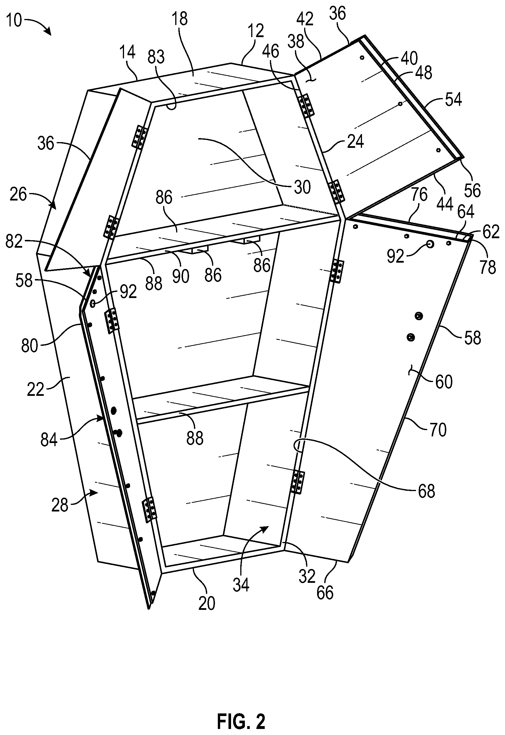 Patent US12102227 Figure 2 – Coffin shaped cabinet assembly