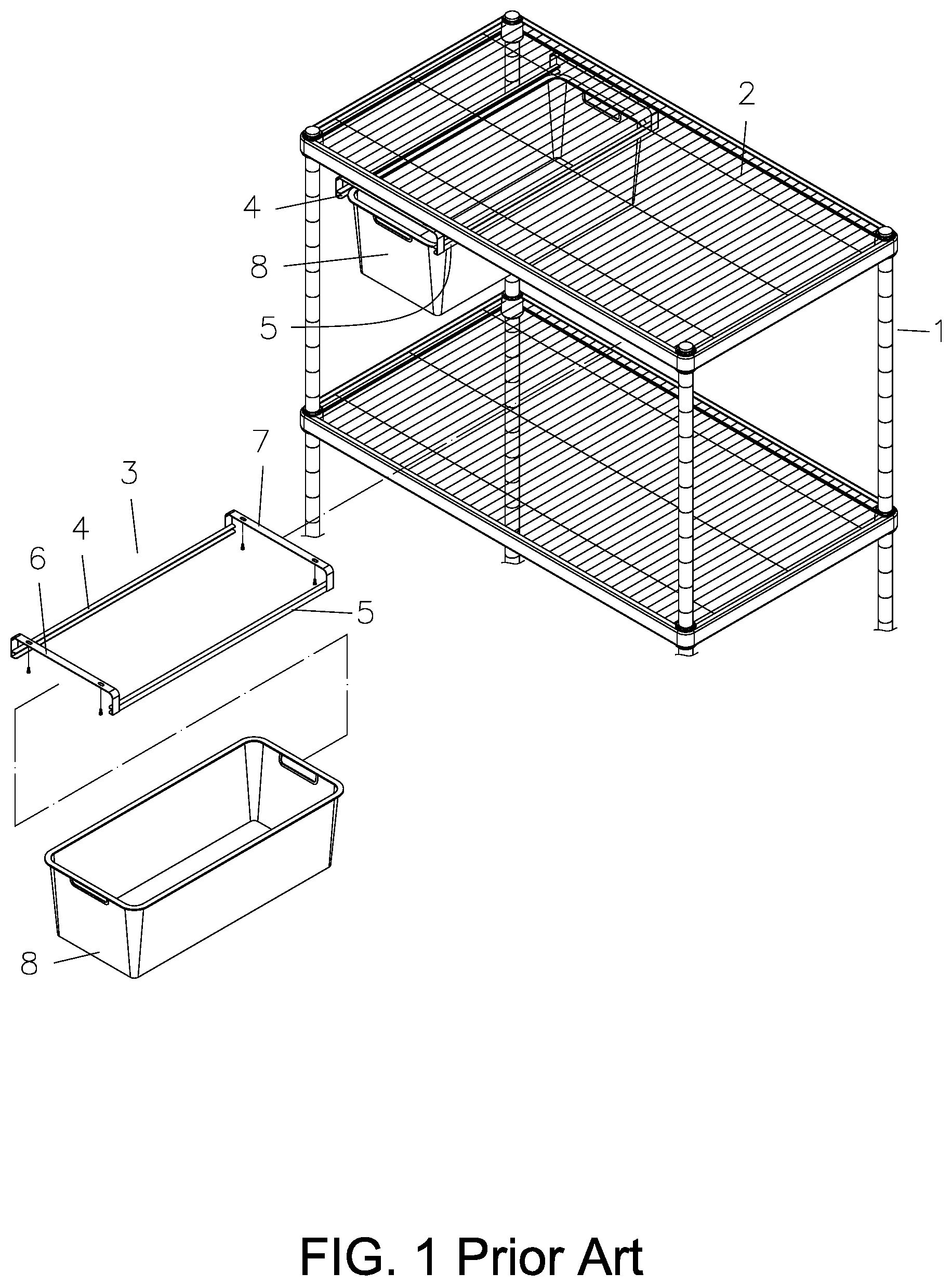 Patent US12102228 Figure 1 – Connection structure of two opposite slide rails for drawer basket mounted on metal shelf