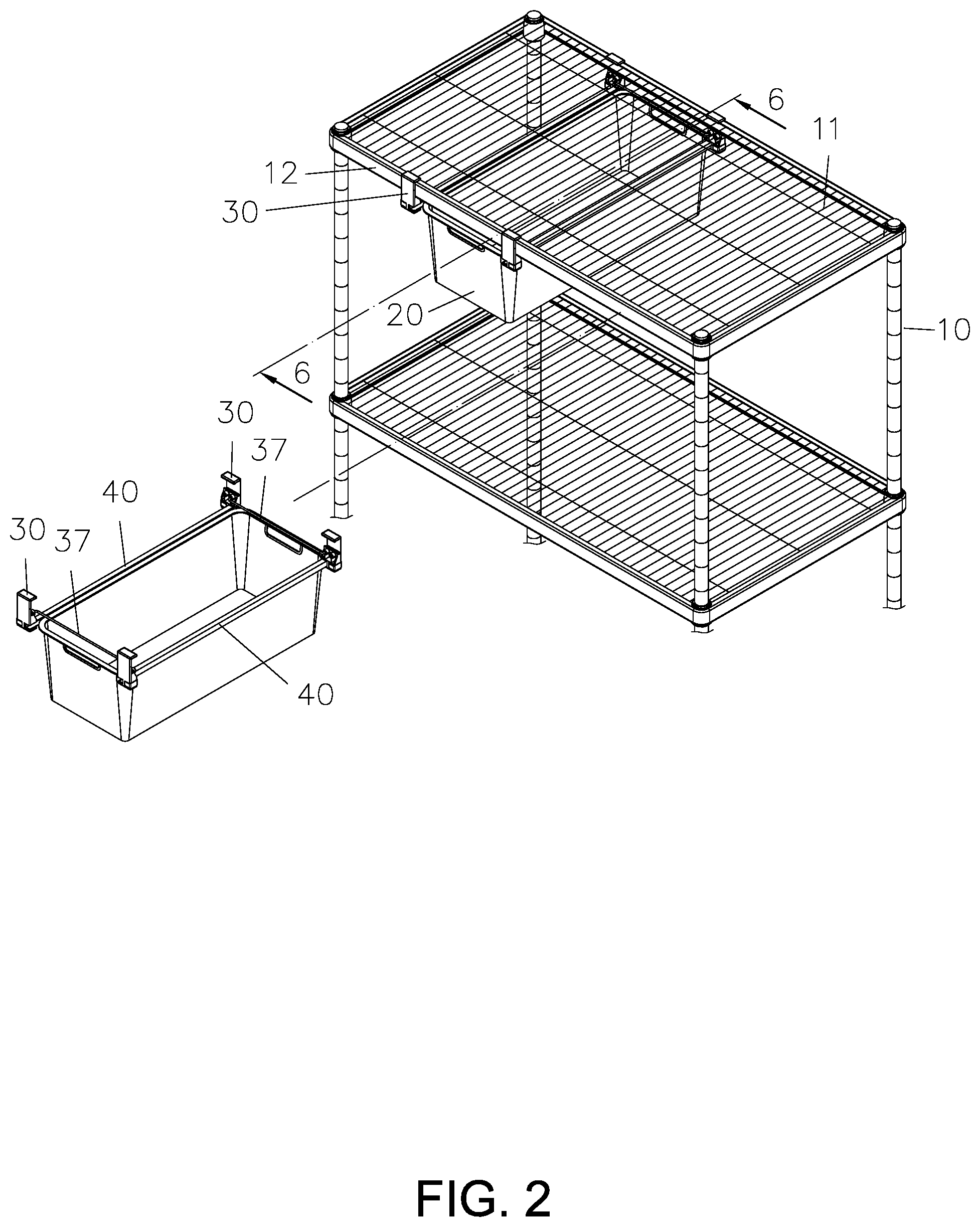 Patent US12102228 Figure 2 – Connection structure of two opposite slide rails for drawer basket mounted on metal shelf