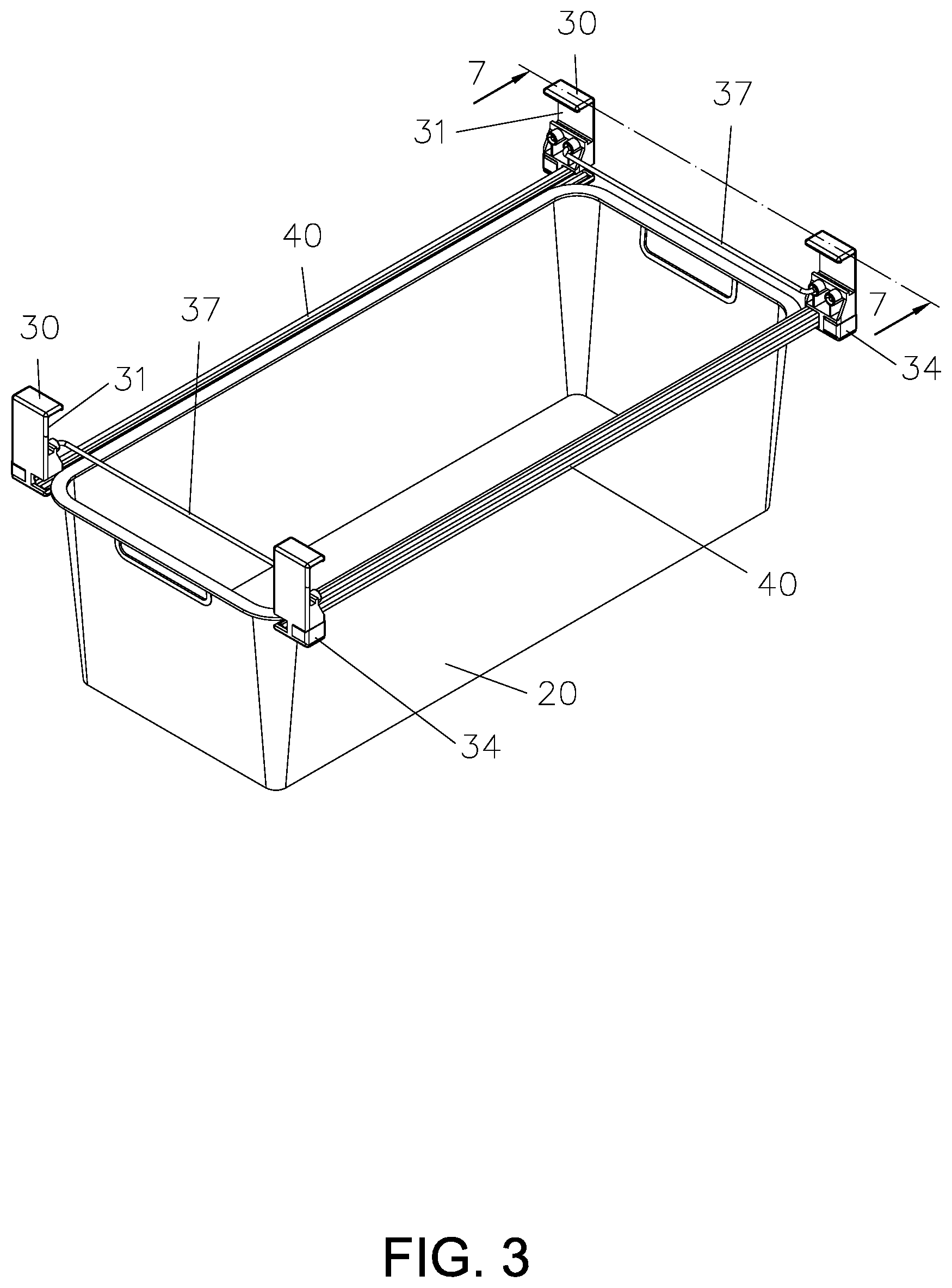 Patent US12102228 Figure 3 – Connection structure of two opposite slide rails for drawer basket mounted on metal shelf