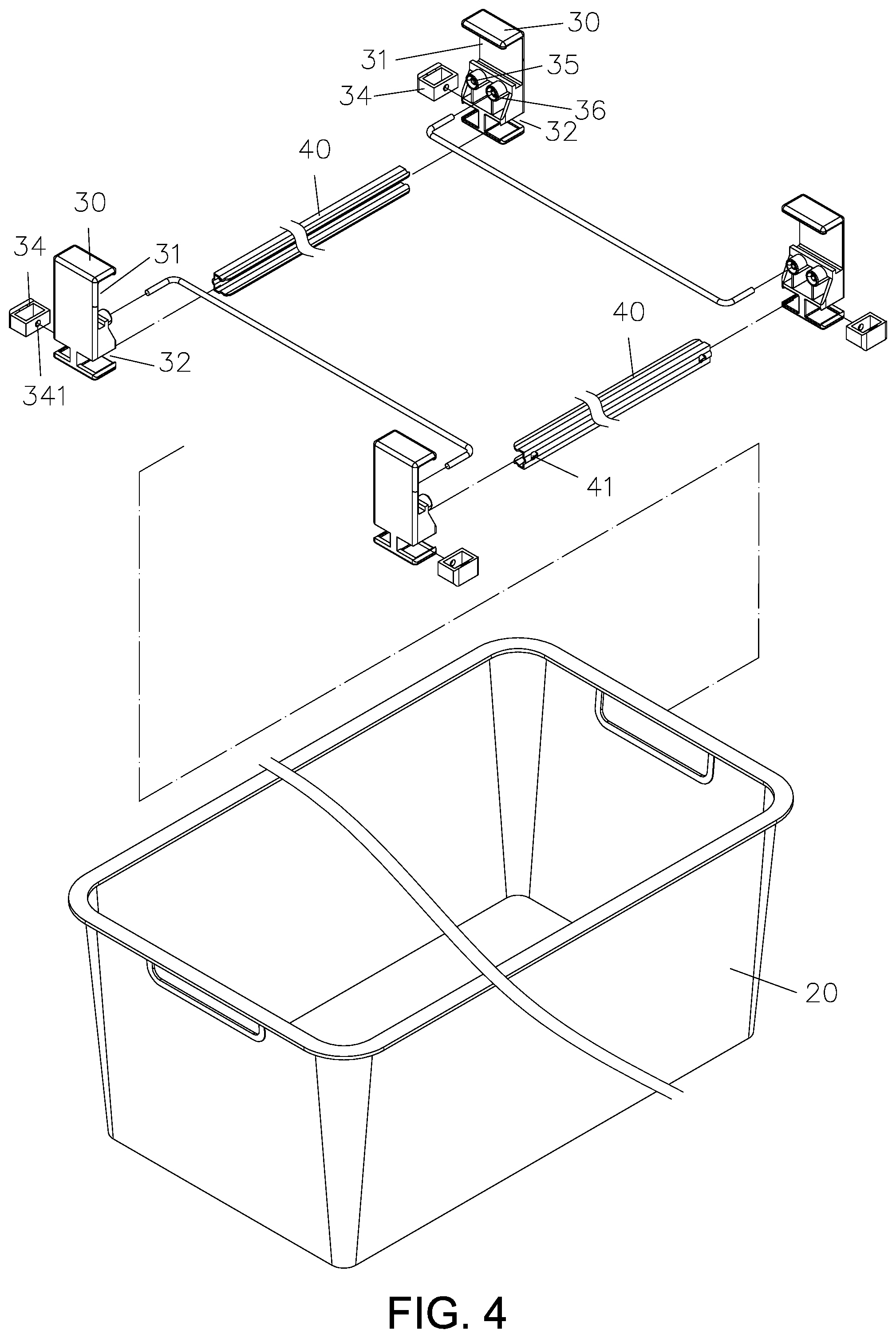 Patent US12102228 Figure 4 – Connection structure of two opposite slide rails for drawer basket mounted on metal shelf