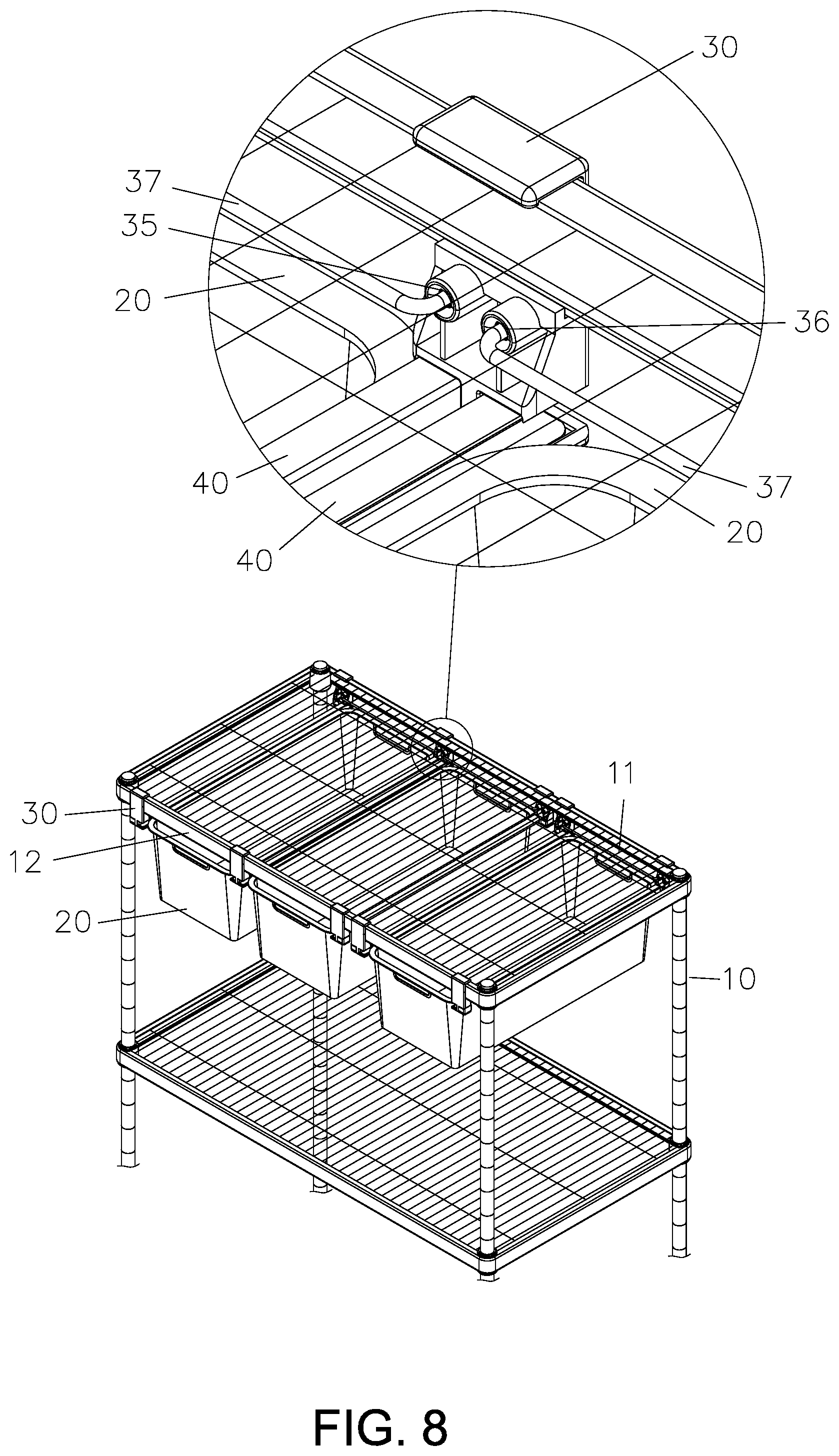 Patent US12102228 Figure 8 – Connection structure of two opposite slide rails for drawer basket mounted on metal shelf