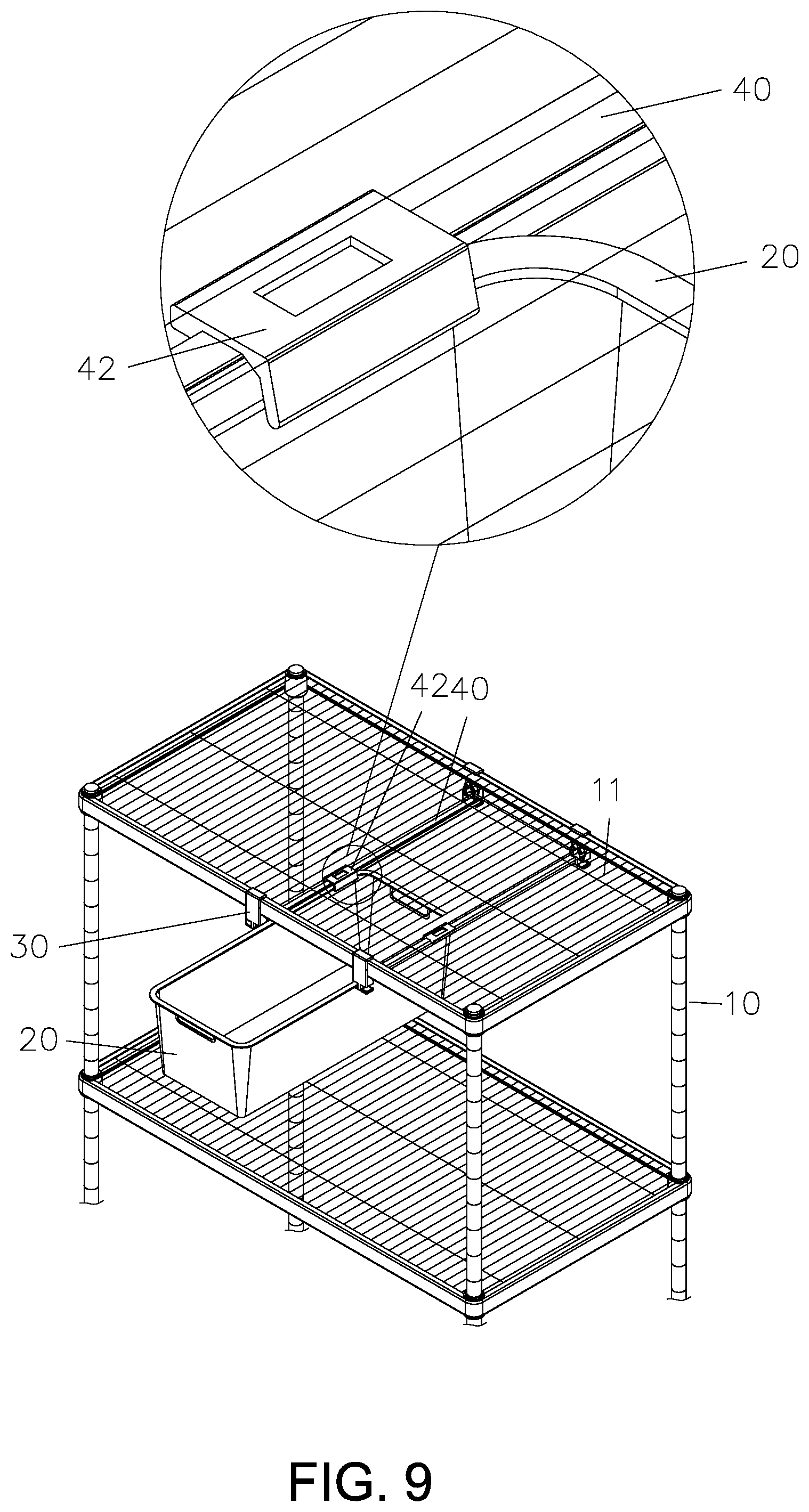 Patent US12102228 Figure 9 – Connection structure of two opposite slide rails for drawer basket mounted on metal shelf