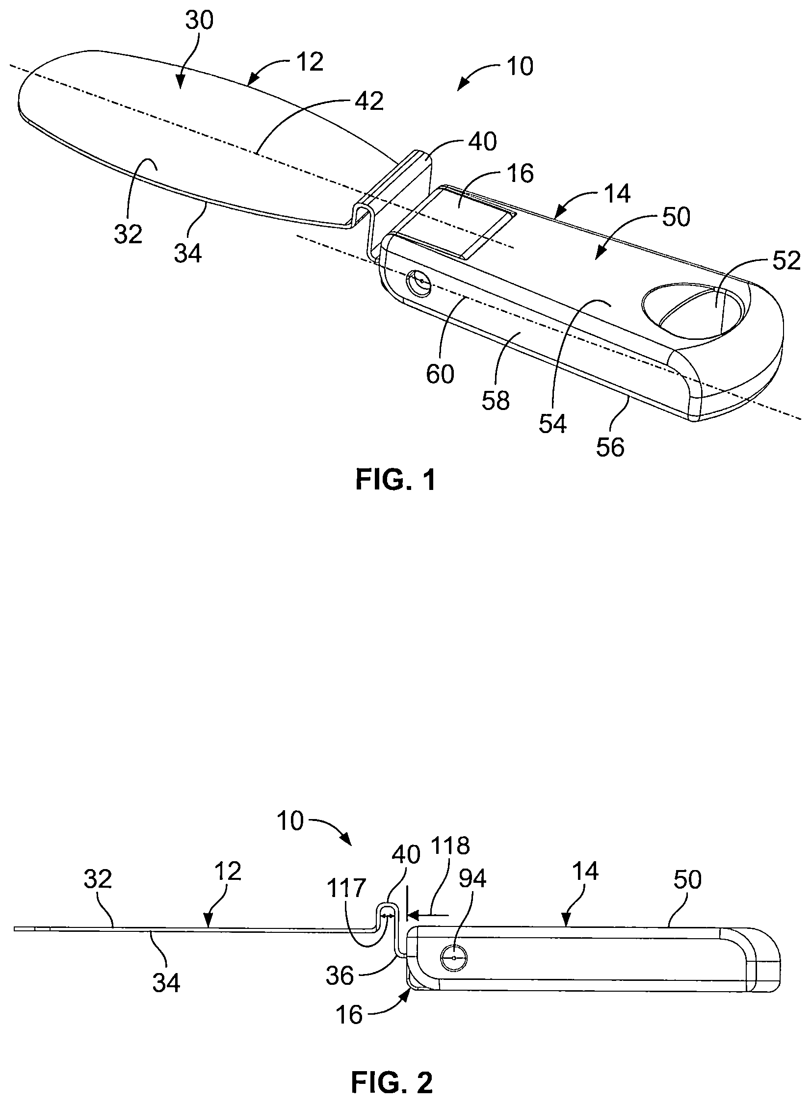 Patent US12102243 Figure 1 – Utensil for mounting on a container and folding for minimizing storage space of the container and utensil combination