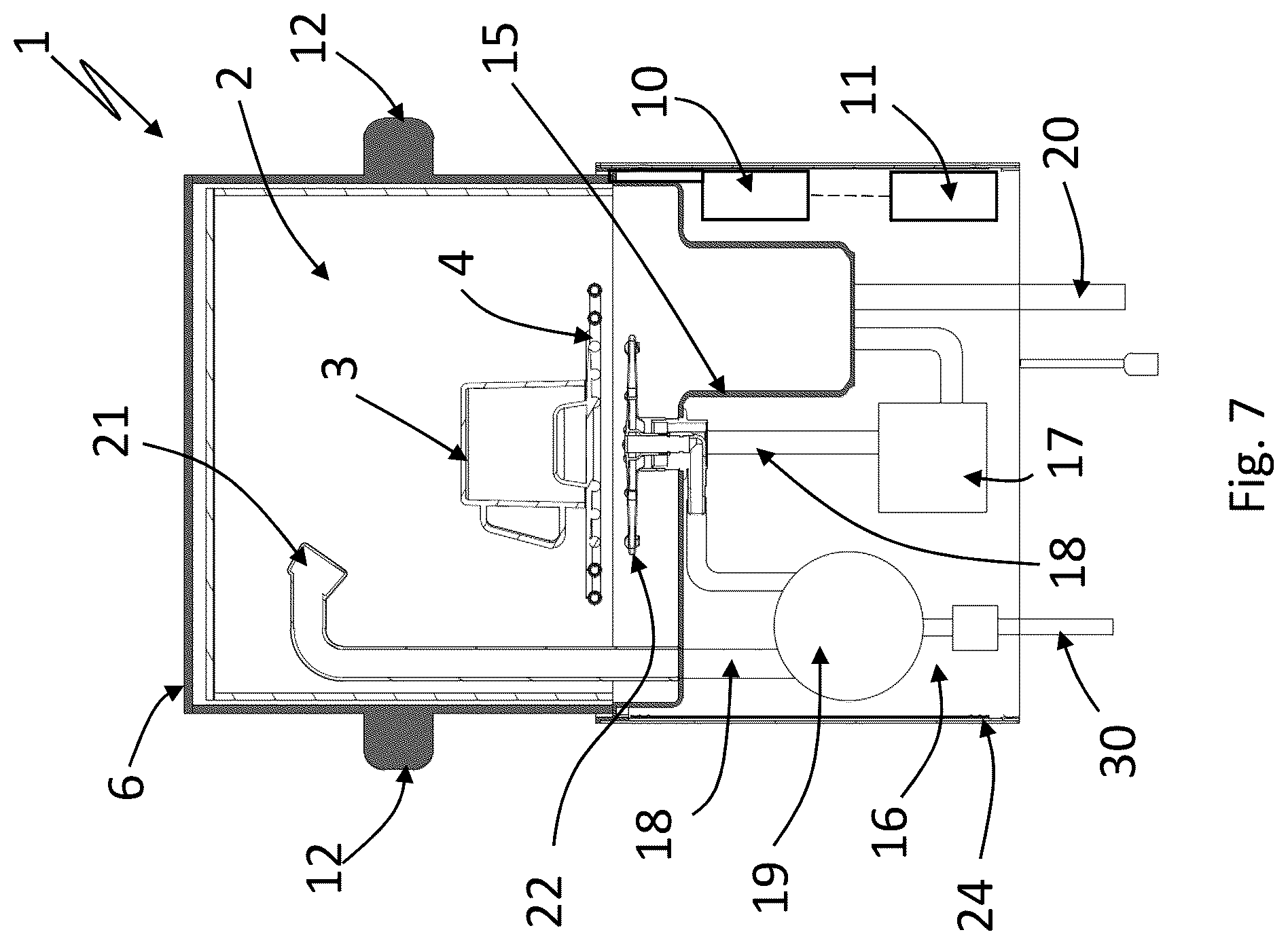 Patent US12102279 Figure 4 – Dishwasher with washing chamber accessible via first and second lateral zones