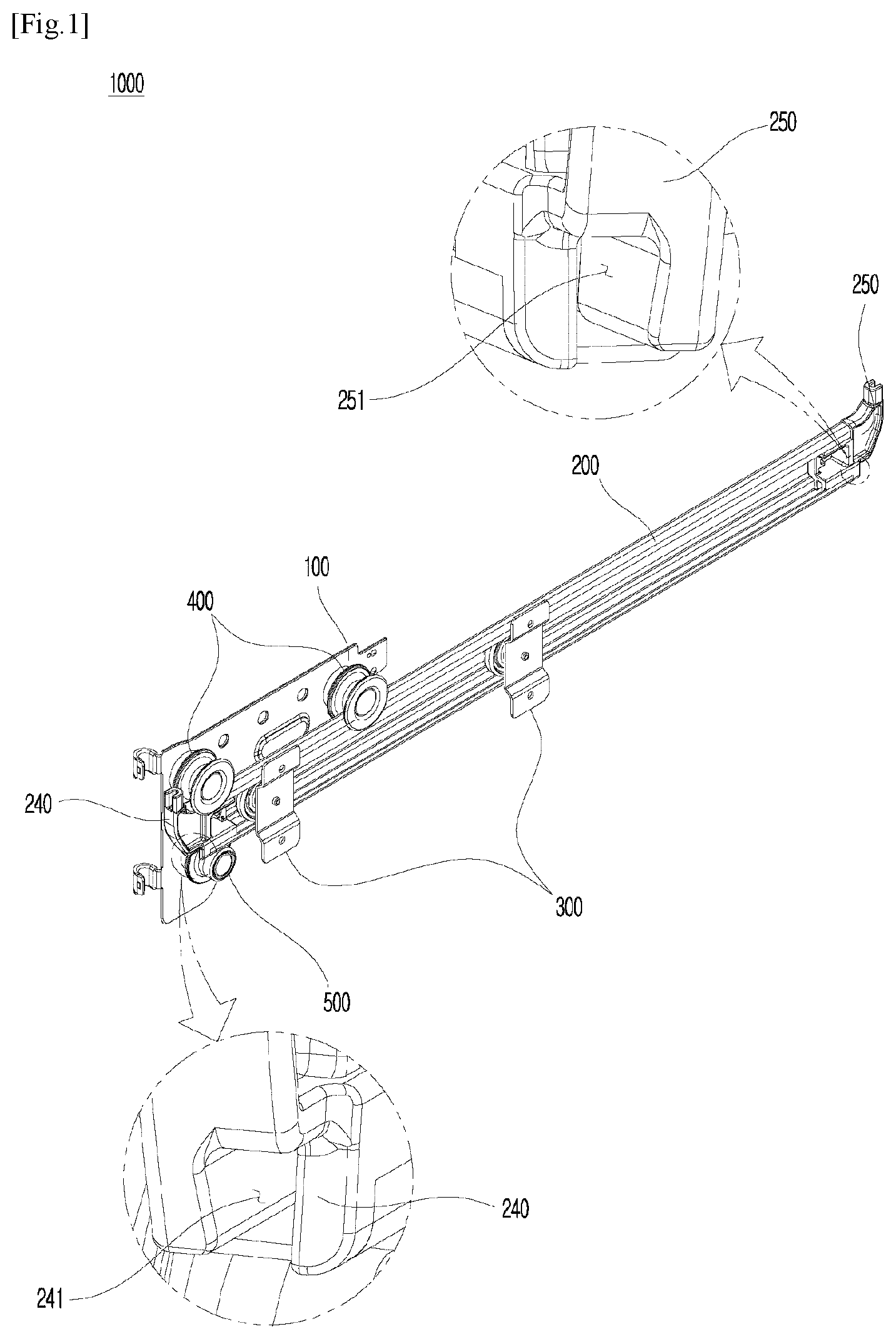 Patent US12102281 Figure 1 – Rail device for dishwasher