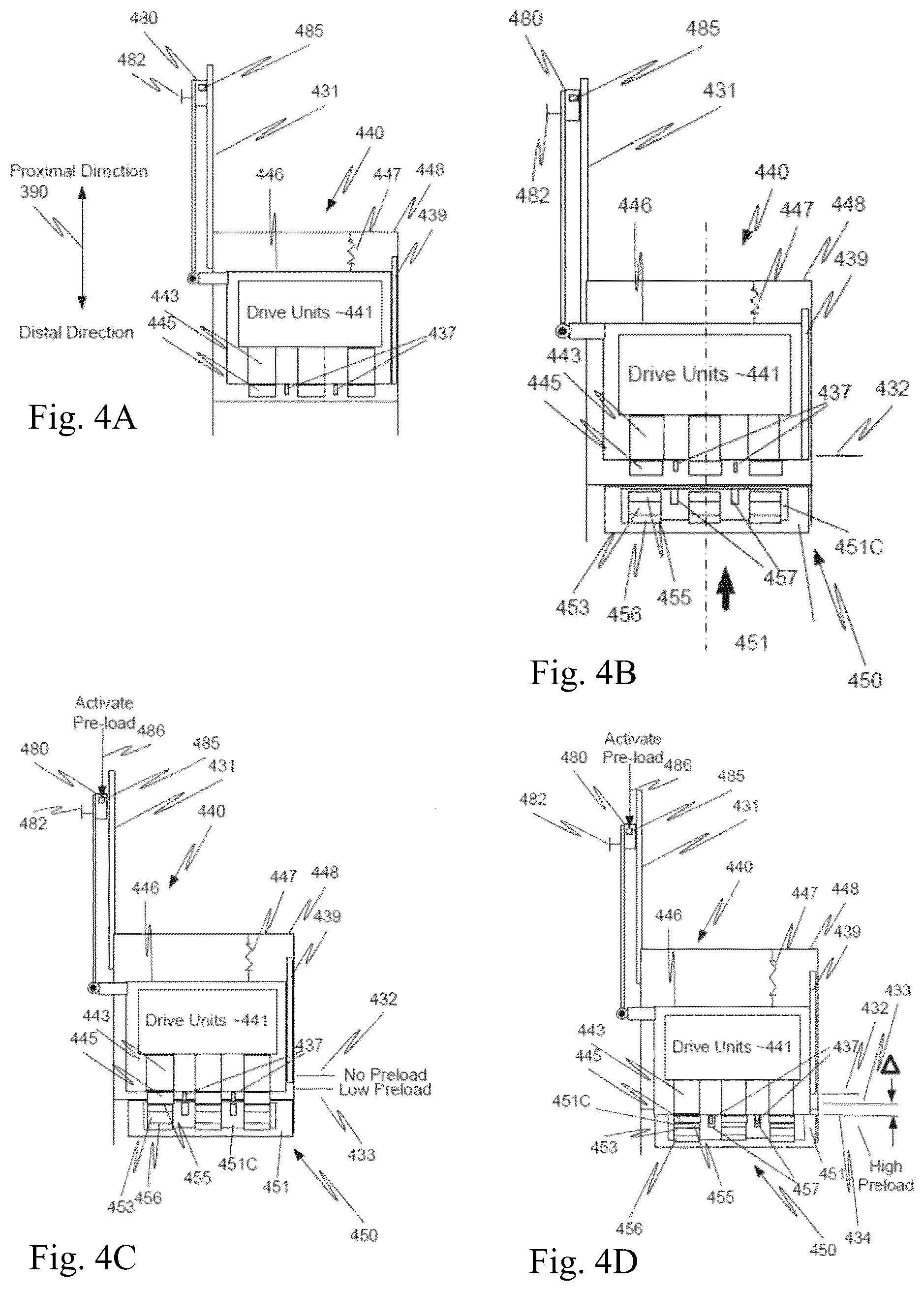 Patent US12102398 Figure 4 – Automated instrument preload engage/disengage mechanism
