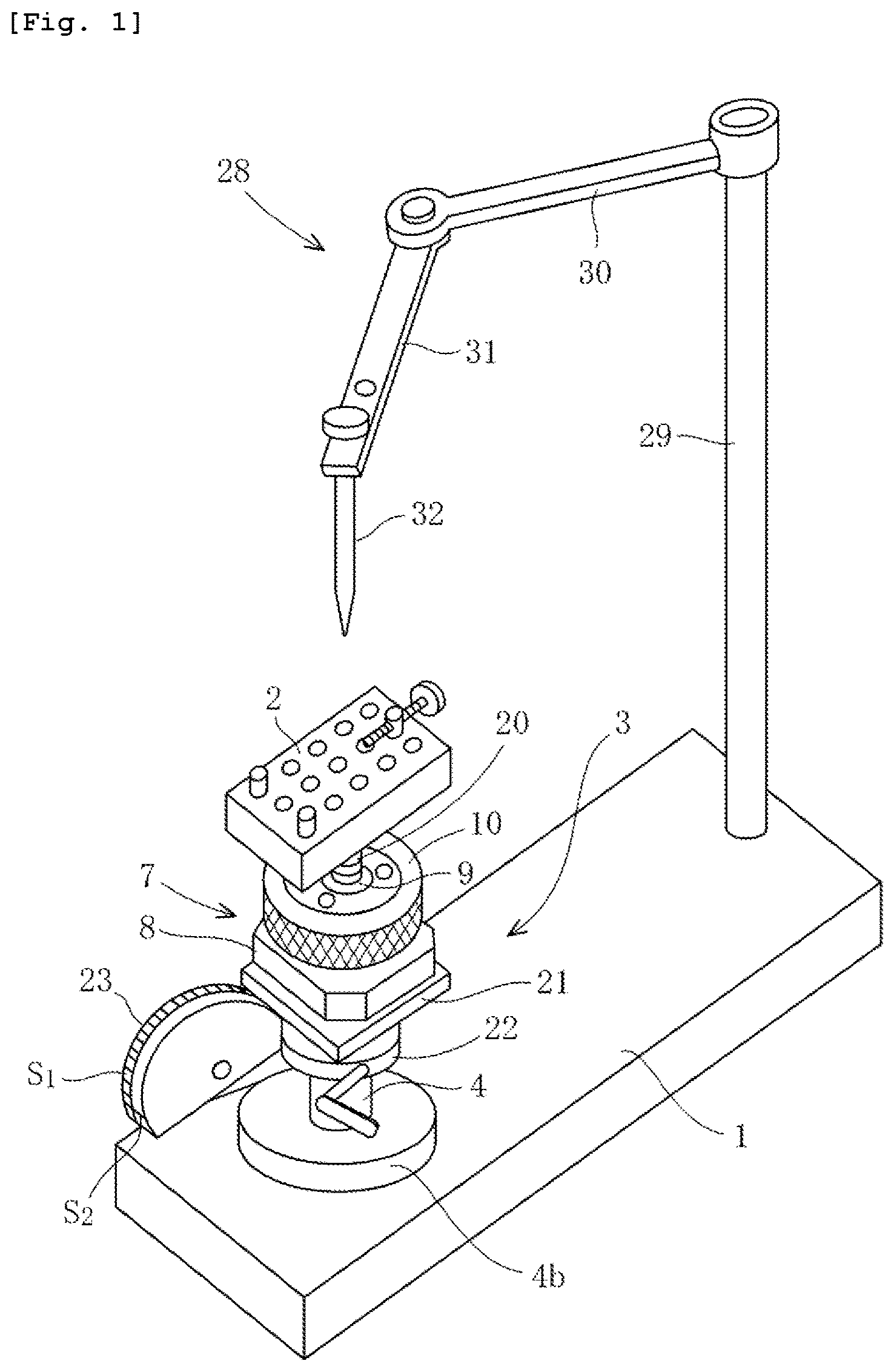 Patent US12102496 Figure 1 – Angle adjustment stage device for dental technique
