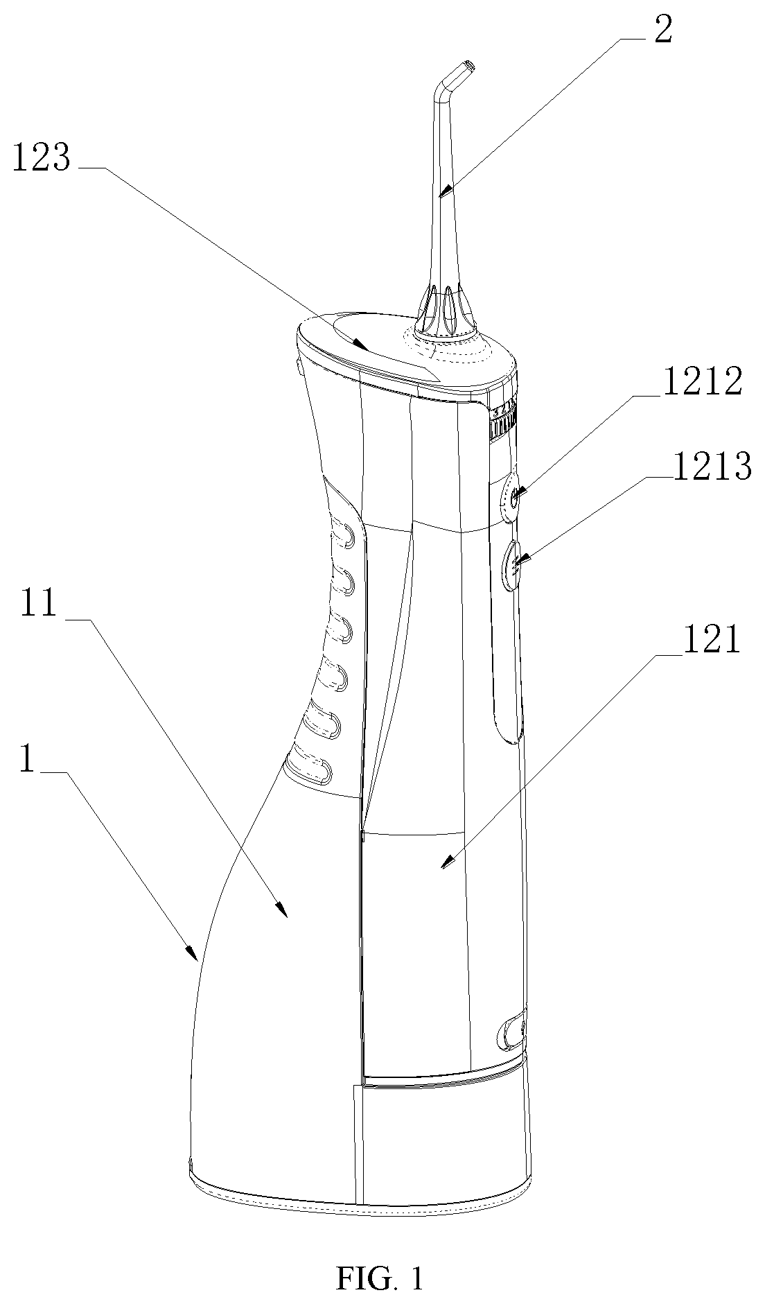 Patent US12102497 Figure 1 – Dental irrigator with stepless speed regulation