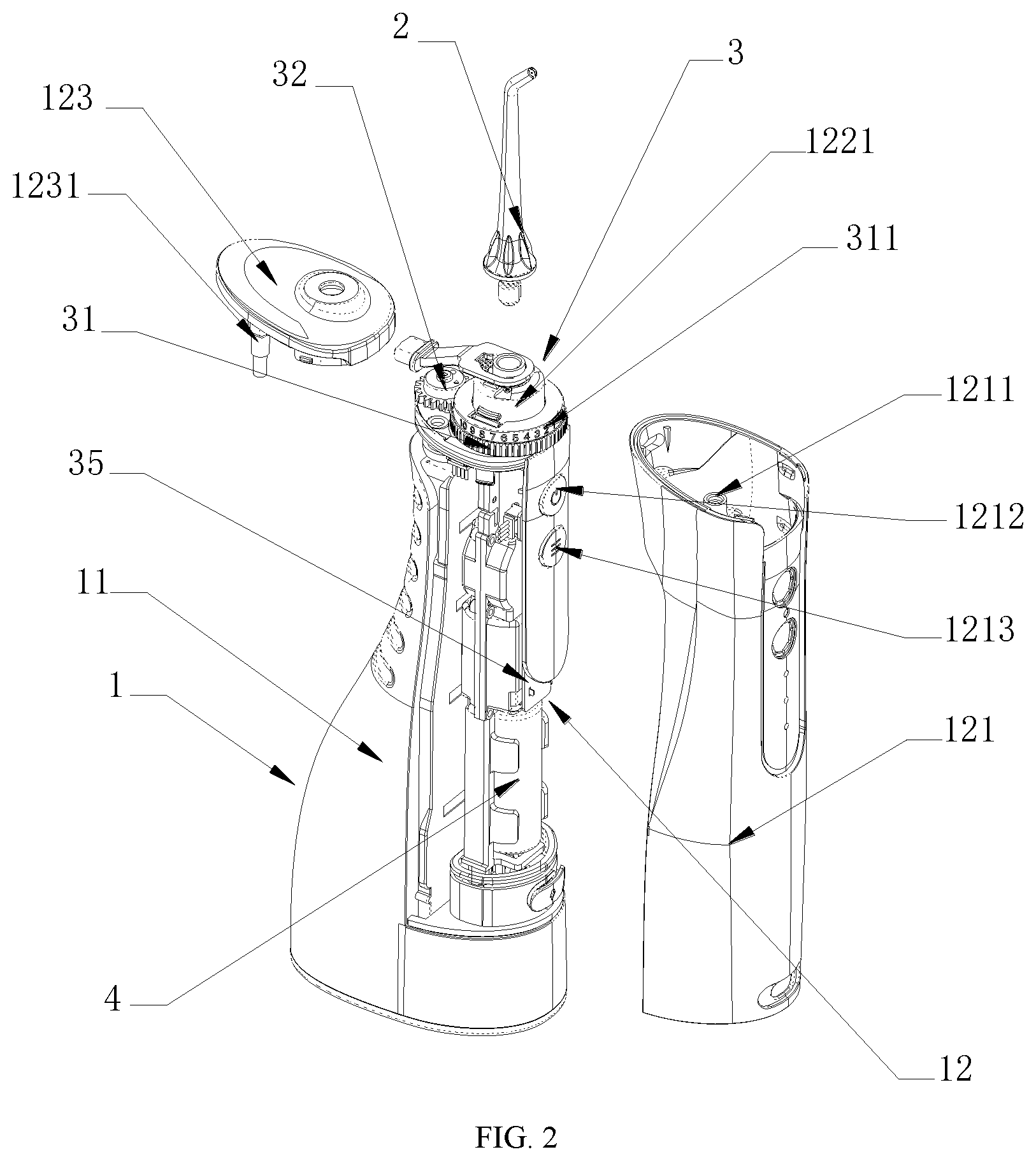 Patent US12102497 Figure 2 – Dental irrigator with stepless speed regulation