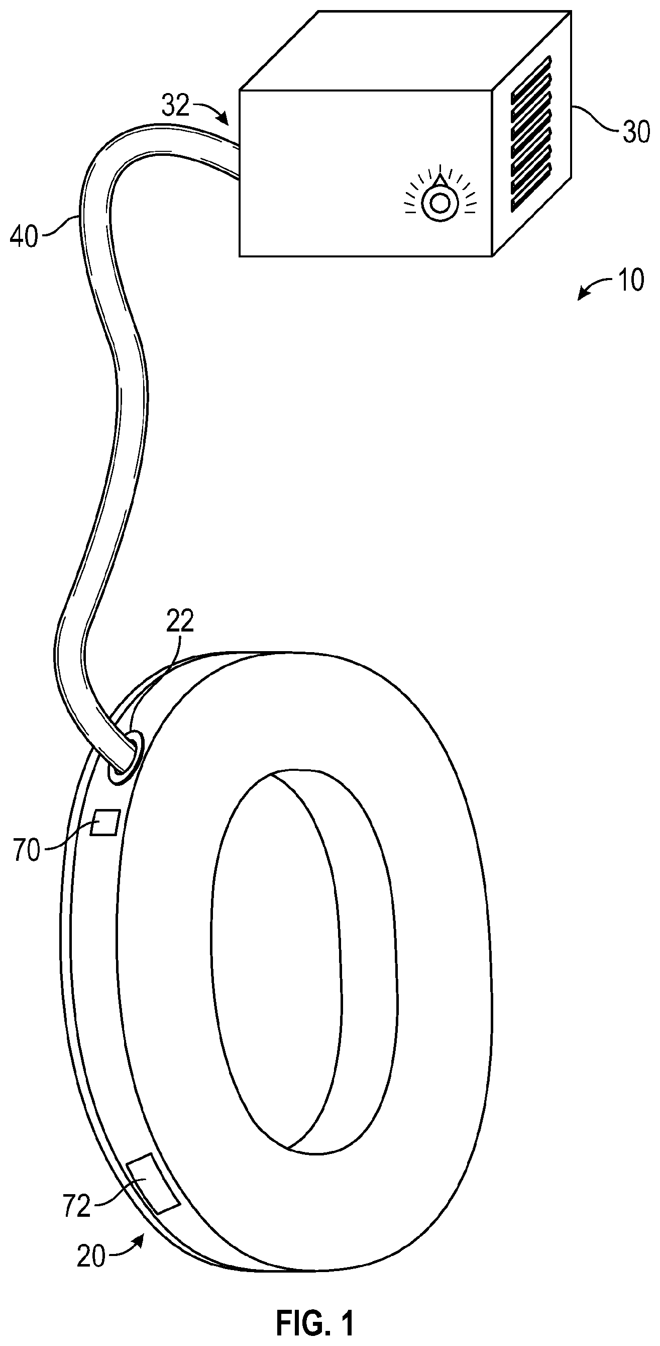 Patent US12102507 Figure 1 – Ear cushion system with fluid flow, ear cushion, fluid guide device, headset and headgear with such system