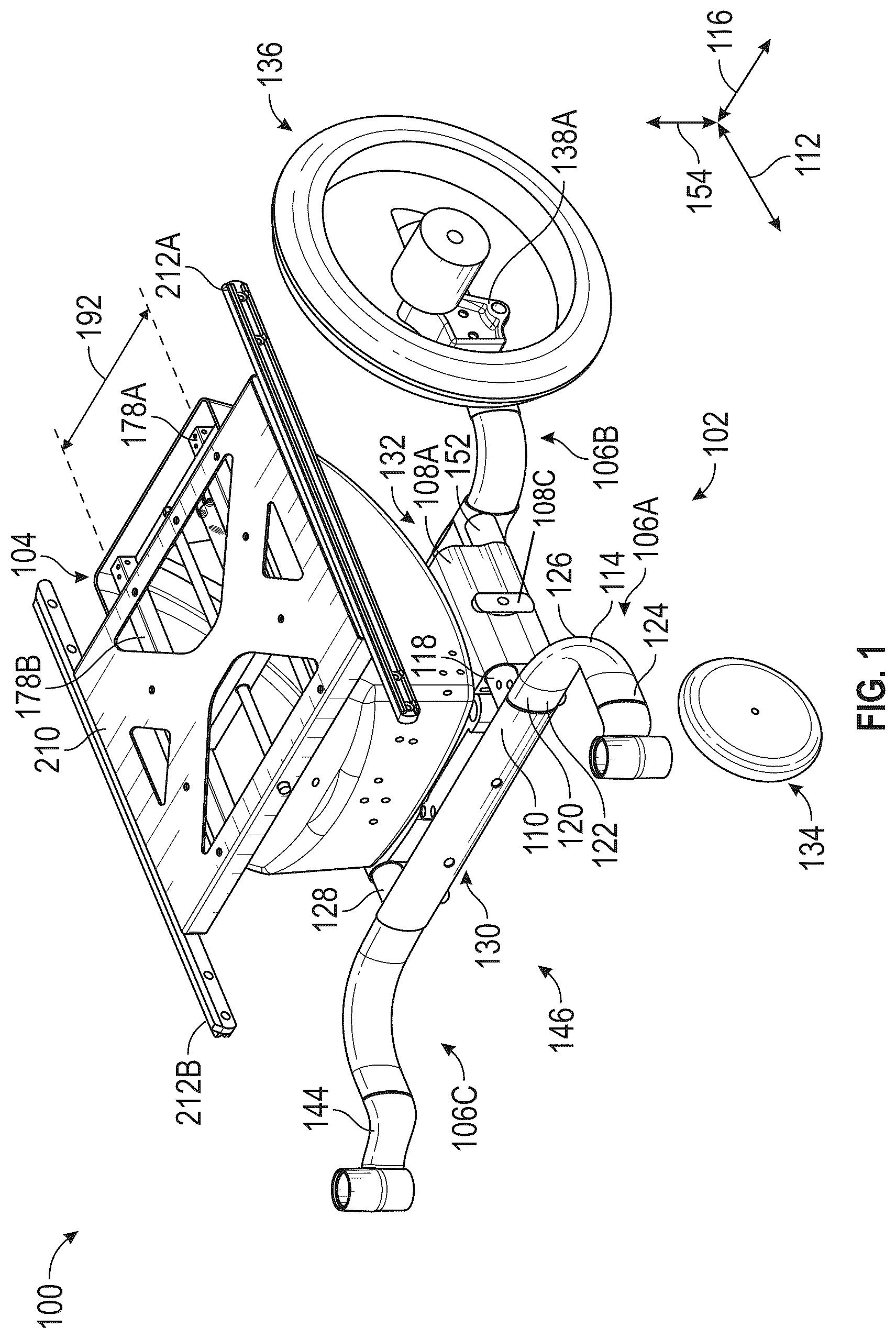 Patent US12102575 Figure 1 – Wheelchair having an adjustable base