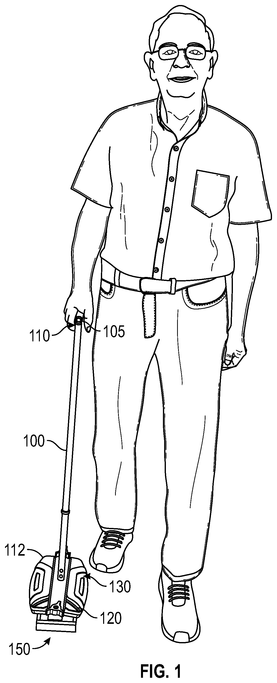 Patent US12102588 Figure 1 – Powered walking assistance device with cane portion used as joystick controller