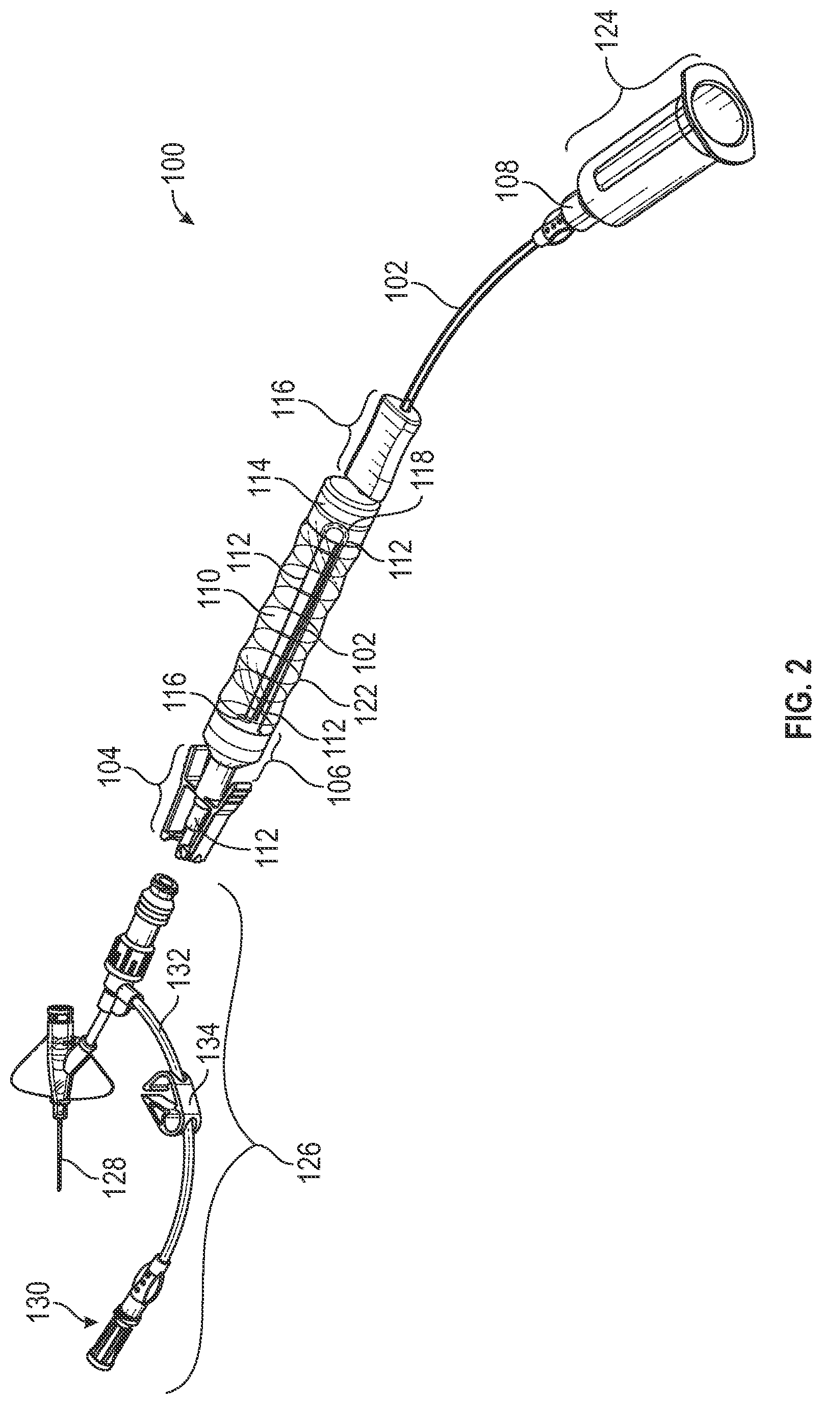 Patent US12102774 Figure 2 – Vascular access device assembly facilitating single-handed patency probe advancement