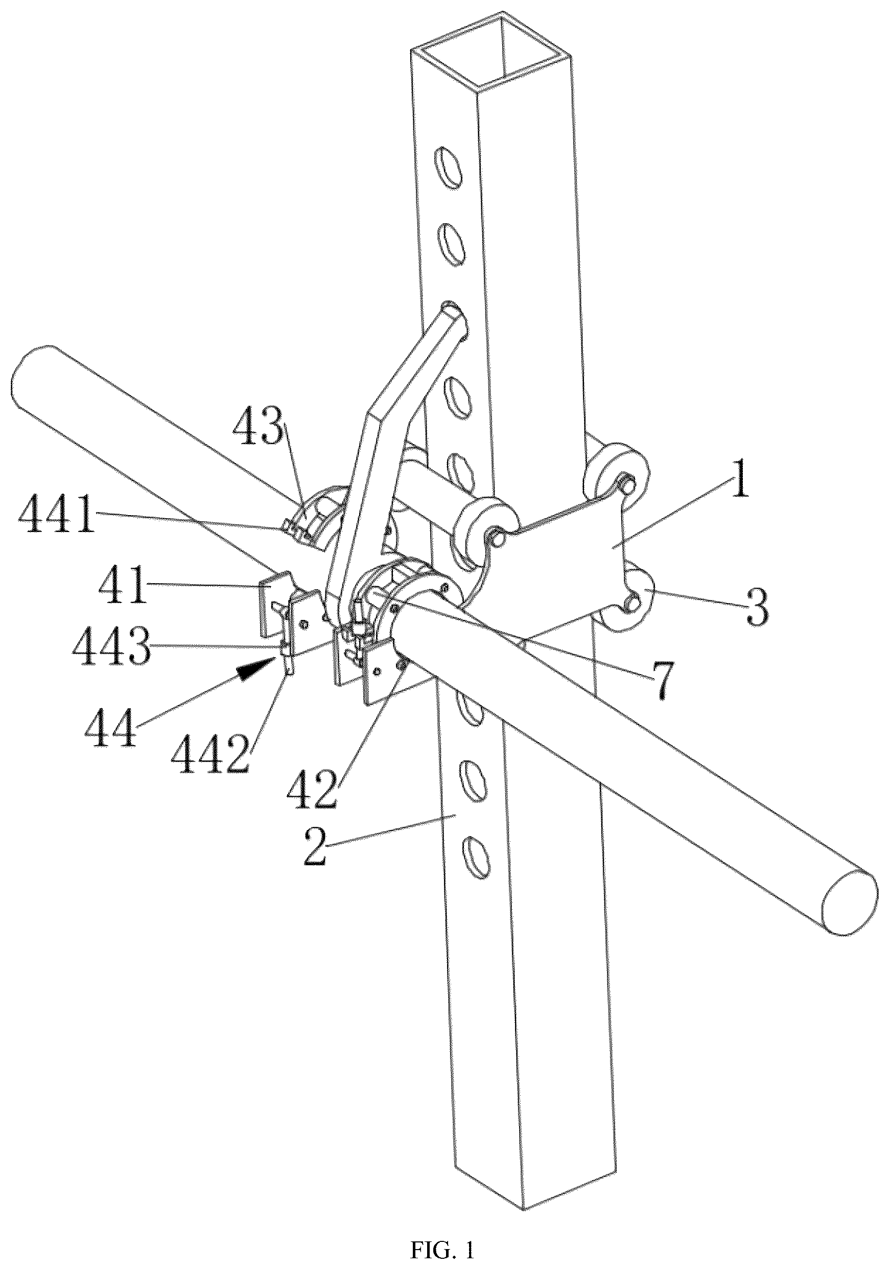 Patent US12102863 Figure 1 – Device for fixing movement track of barbell bar installed on squat rack