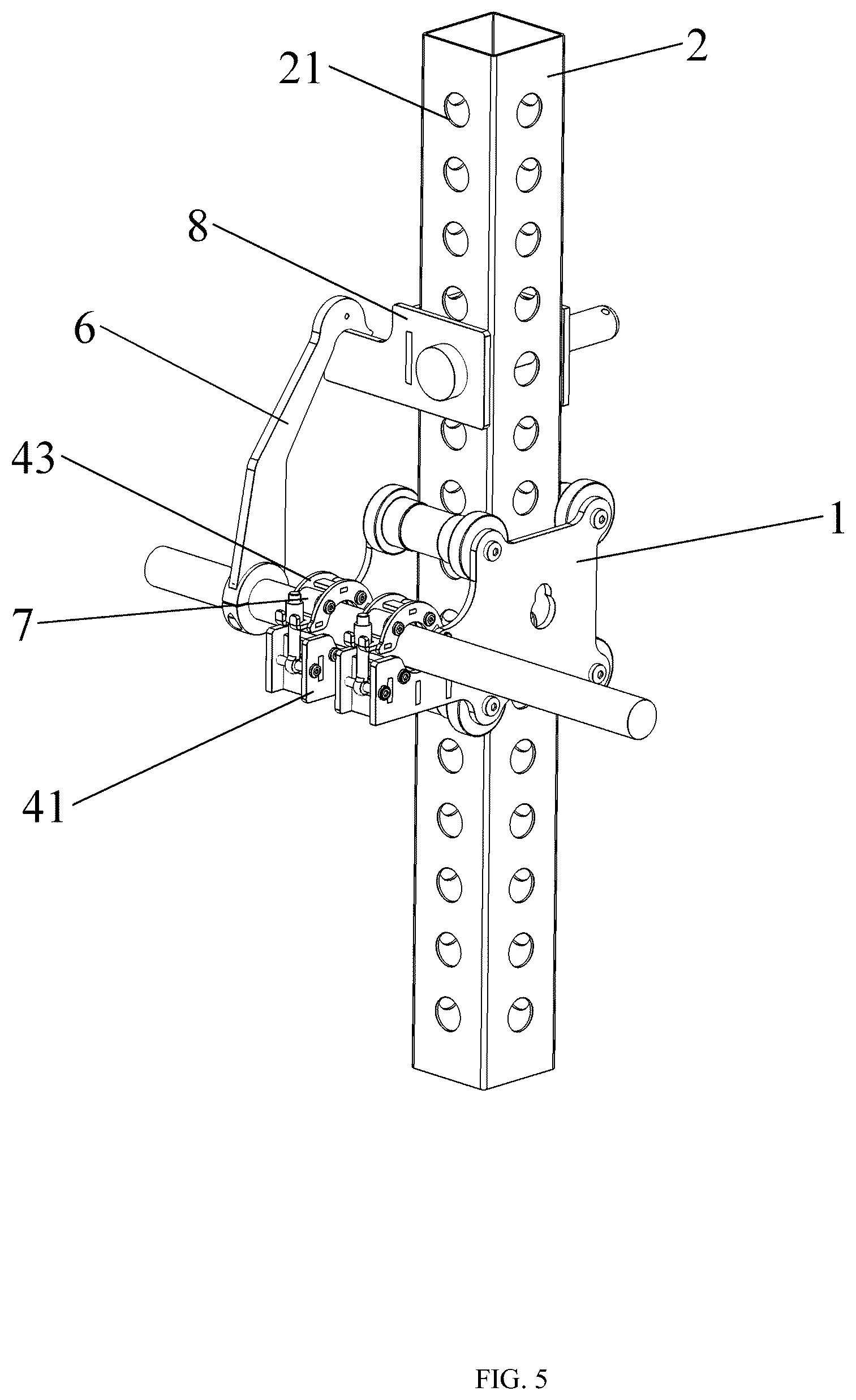 Patent US12102863 Figure 5 – Device for fixing movement track of barbell bar installed on squat rack