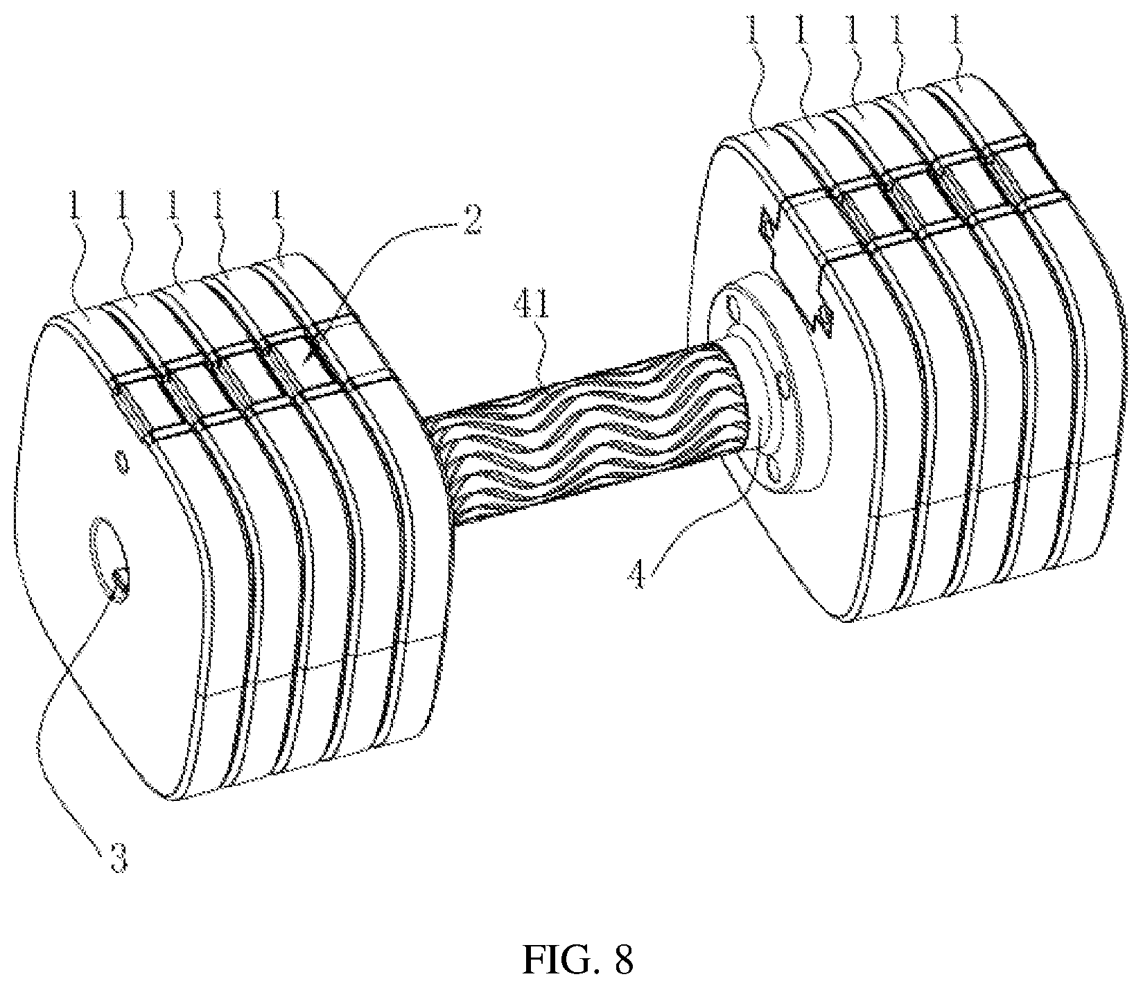 Patent US12102866 Figure 8 – Combinable weight plate and kettle bell, dumbbell and barbell using the weight plate