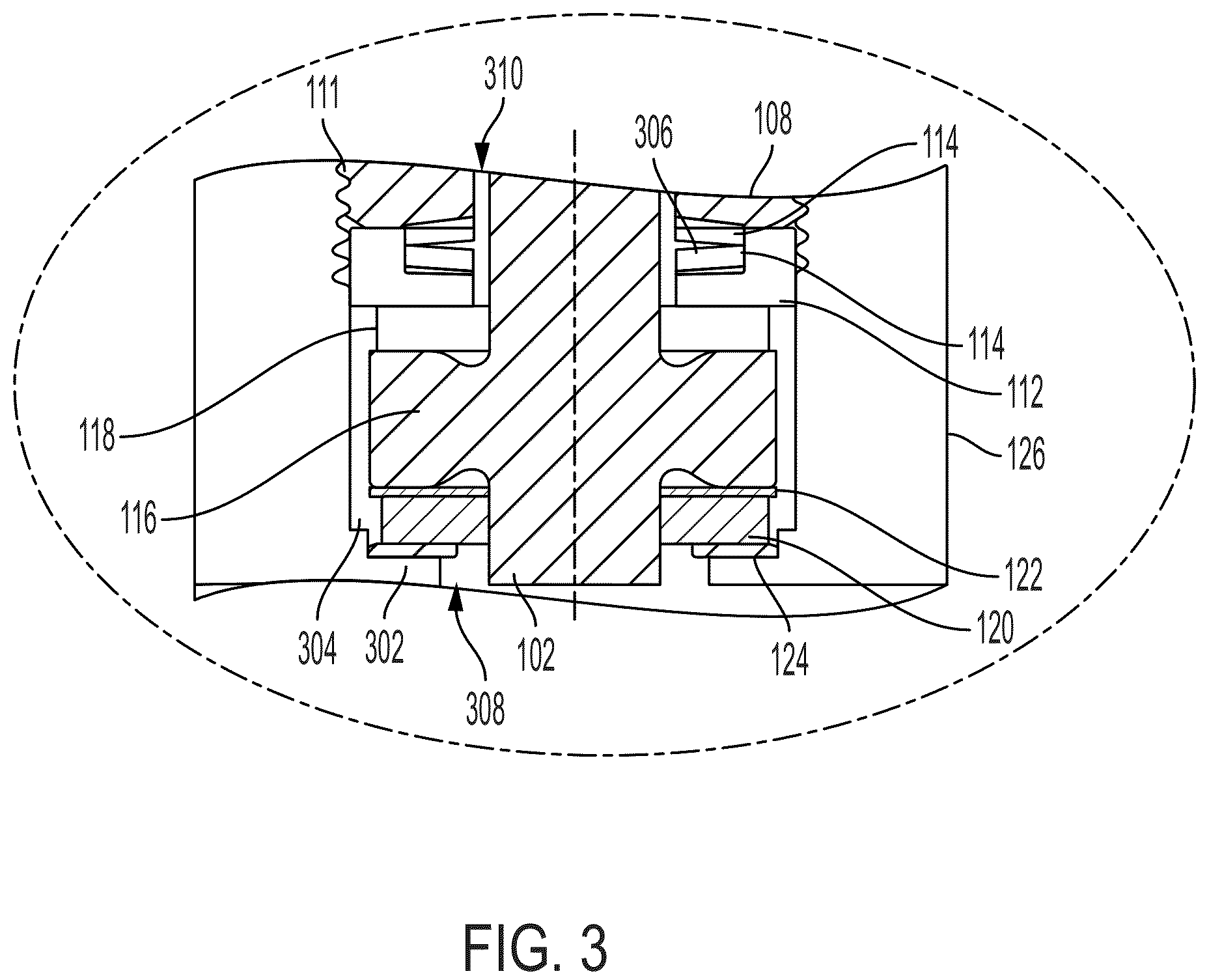 Patent US12102990 Figure 3 – Apparatus for an electric feedthrough suitable for use with various pressure vessels environments