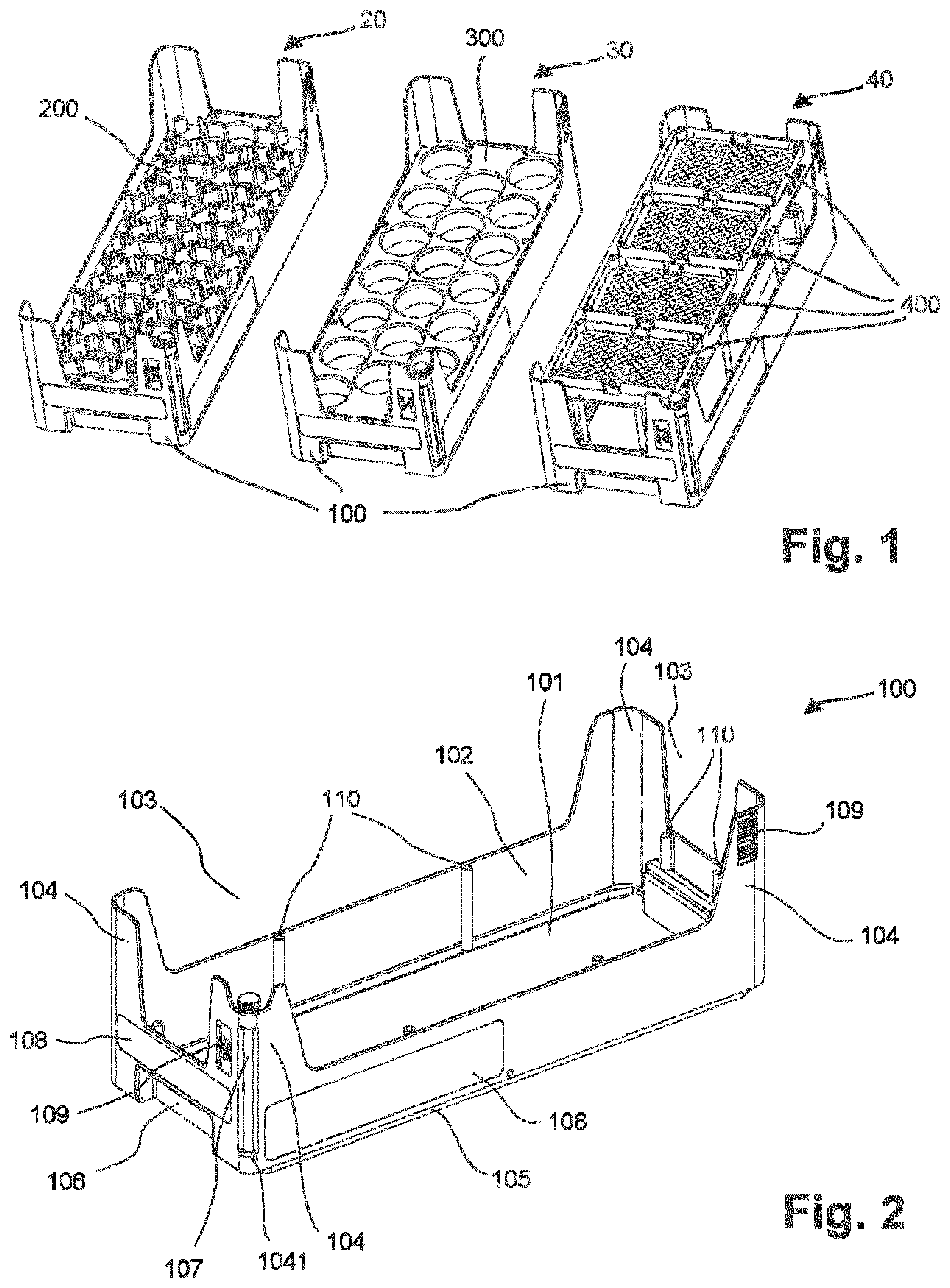 Patent US12103007 Figure 1 – Base module and tray insert of a multipurpose tray for an automated processing system, multipurpose tray for an automated processing system, and method of simplified loading/unloading of a multipurpose tray into/from an automated processing system