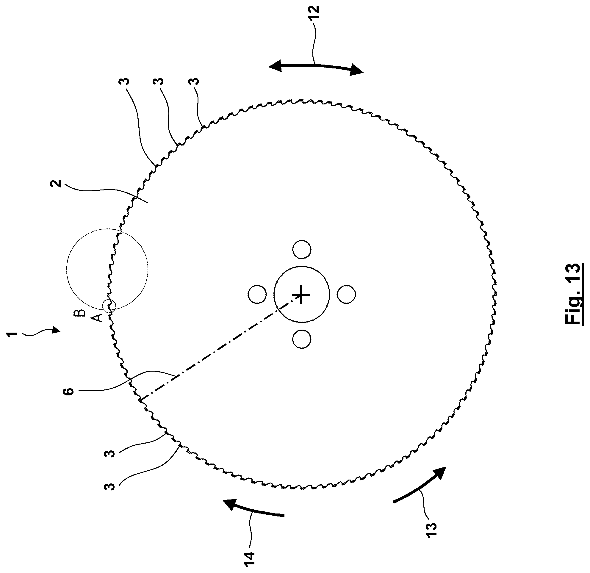 Patent US12103096 Figure 12 – Machining tool having asymmetrical teeth having cutting particles