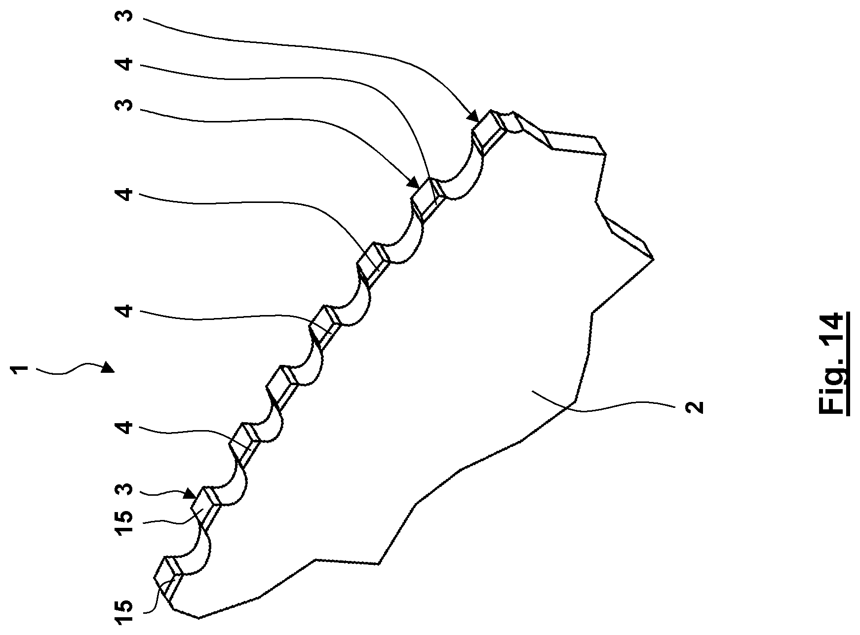 Patent US12103096 Figure 13 – Machining tool having asymmetrical teeth having cutting particles
