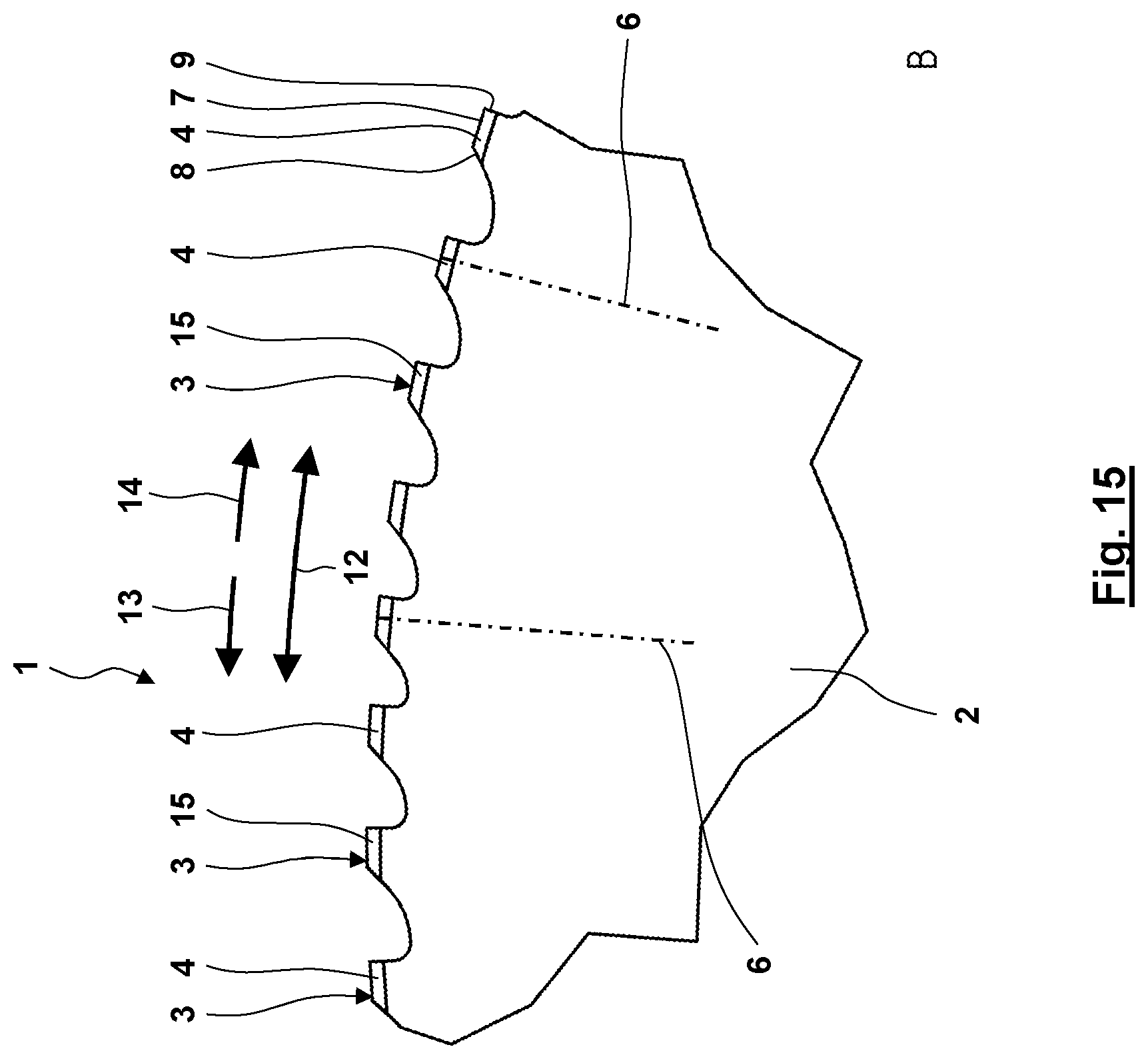 Patent US12103096 Figure 14 – Machining tool having asymmetrical teeth having cutting particles