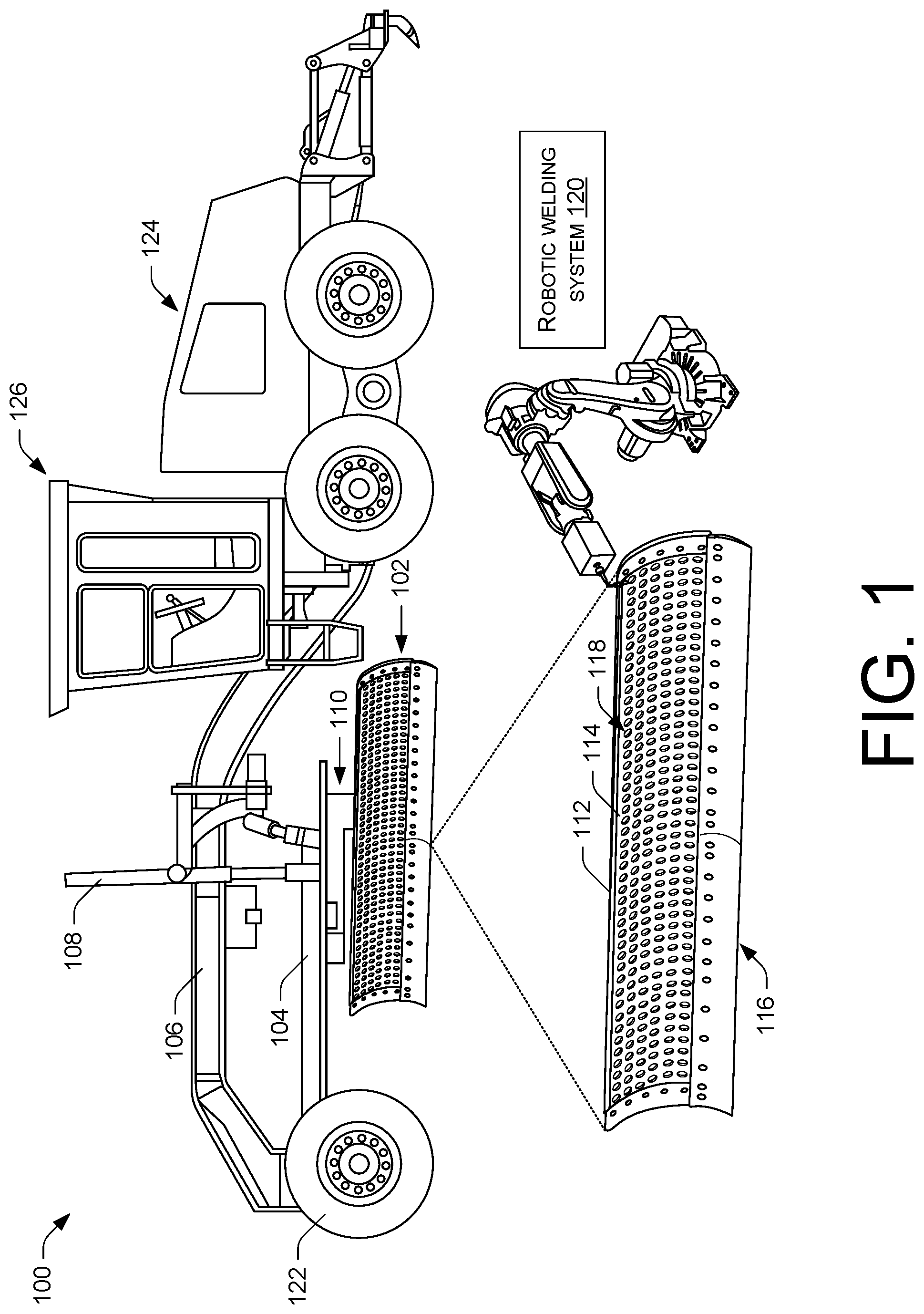 Patent US12103119 Figure 1 – Robotic welding system with orbital welder positioned on robotic arm