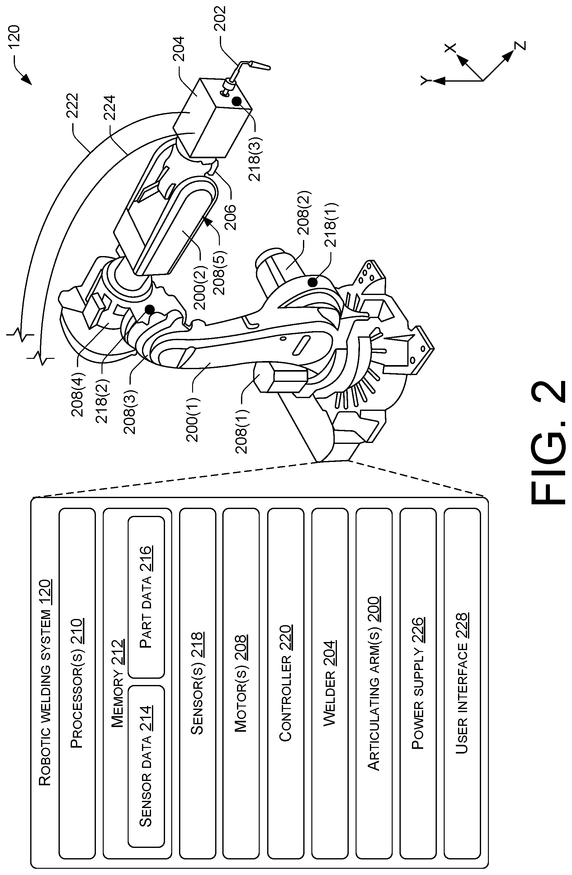 Patent US12103119 Figure 2 – Robotic welding system with orbital welder positioned on robotic arm