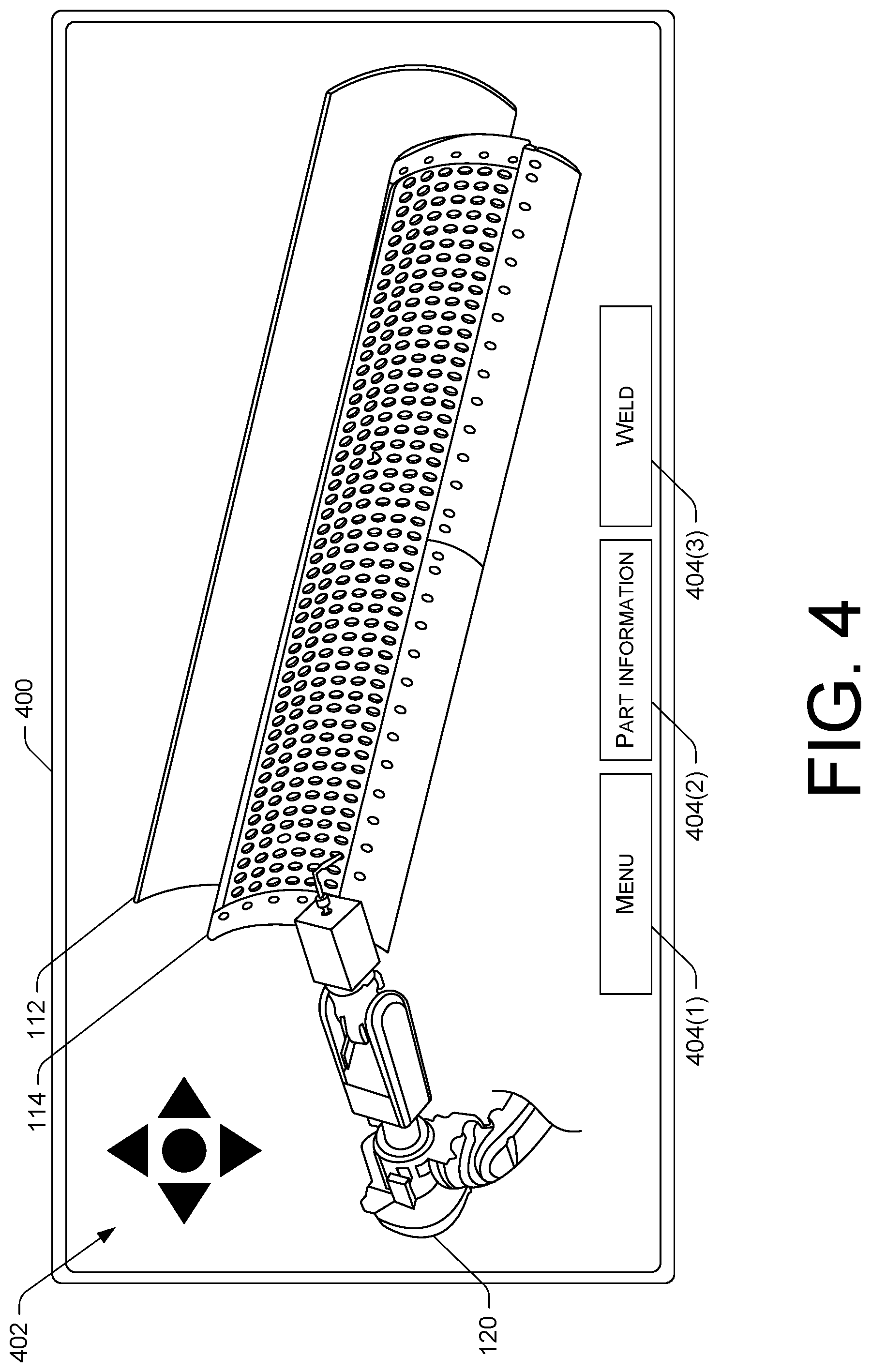 Patent US12103119 Figure 4 – Robotic welding system with orbital welder positioned on robotic arm