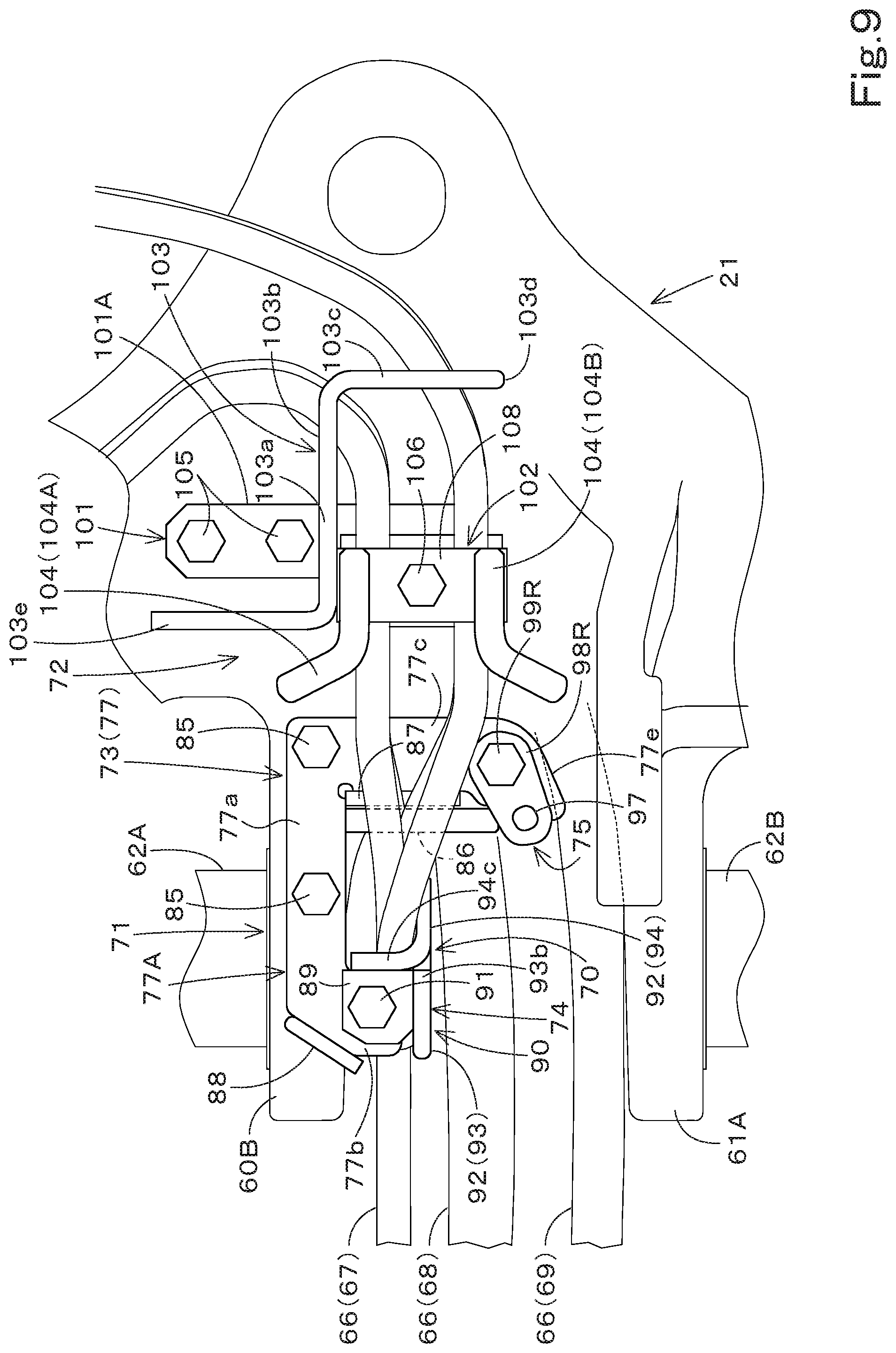 Patent US12103168 Figure 9 – Routing-member guide structure and working machine