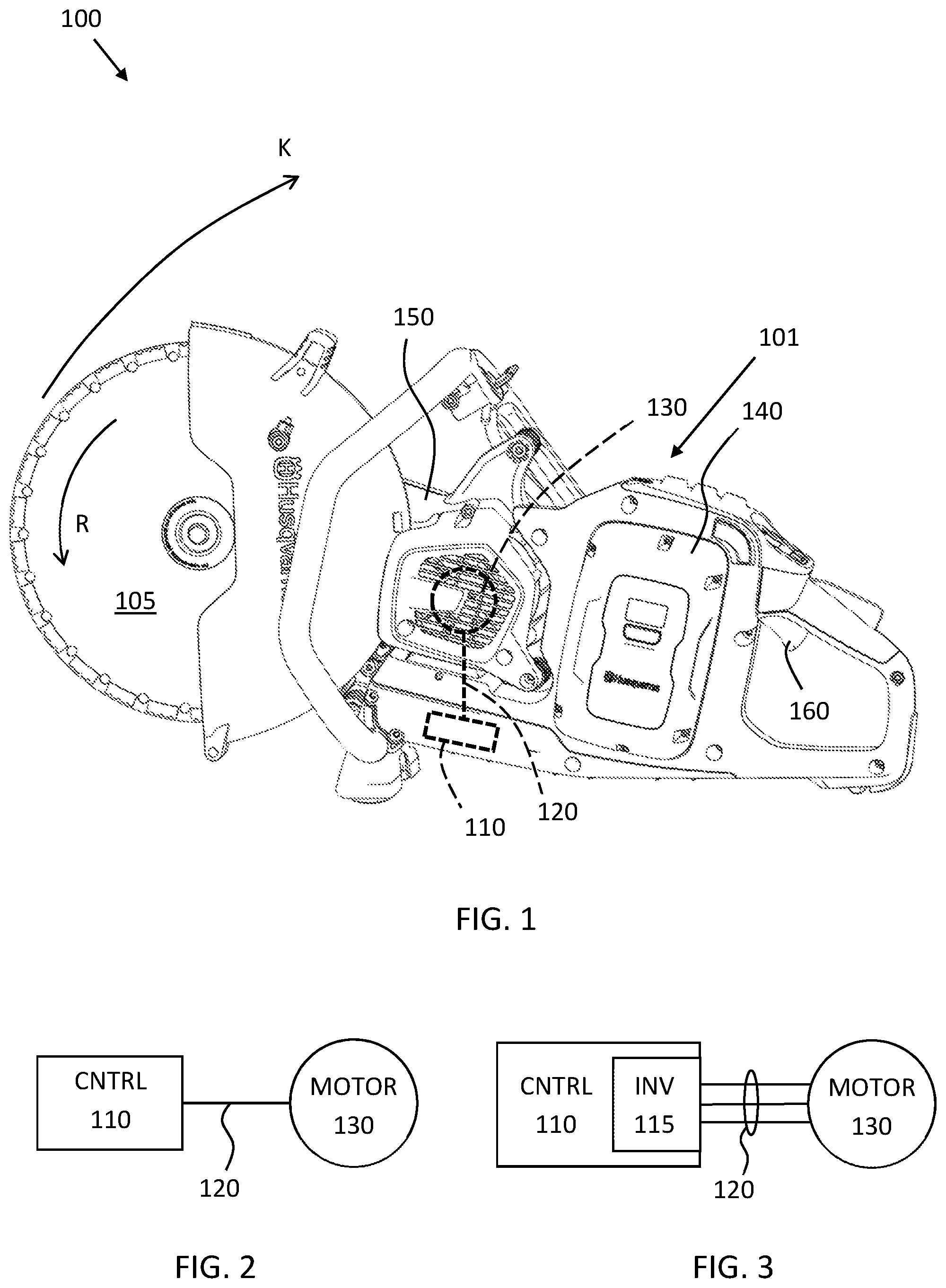 Patent US12103201 Figure 1 – Hand-held electrically powered cut-off tool with a kickback mitigation function