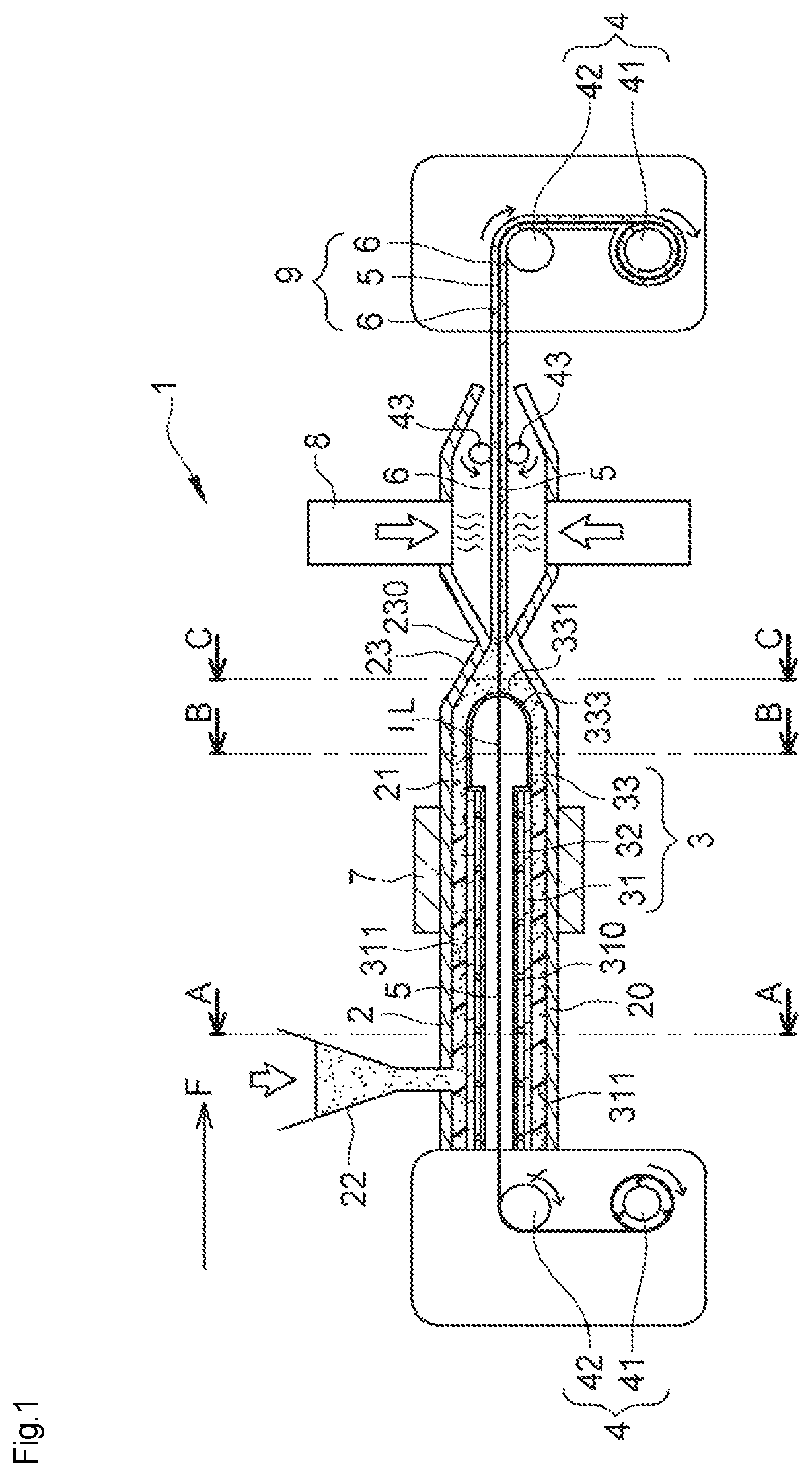 Patent US12103215 Figure 1 – Device for manufacturing an electrode for a battery comprising an extruder having a current collector