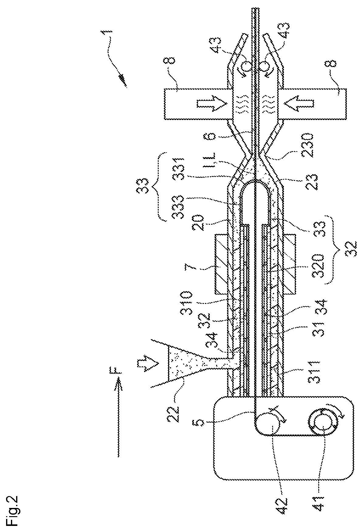 Patent US12103215 Figure 2 – Device for manufacturing an electrode for a battery comprising an extruder having a current collector