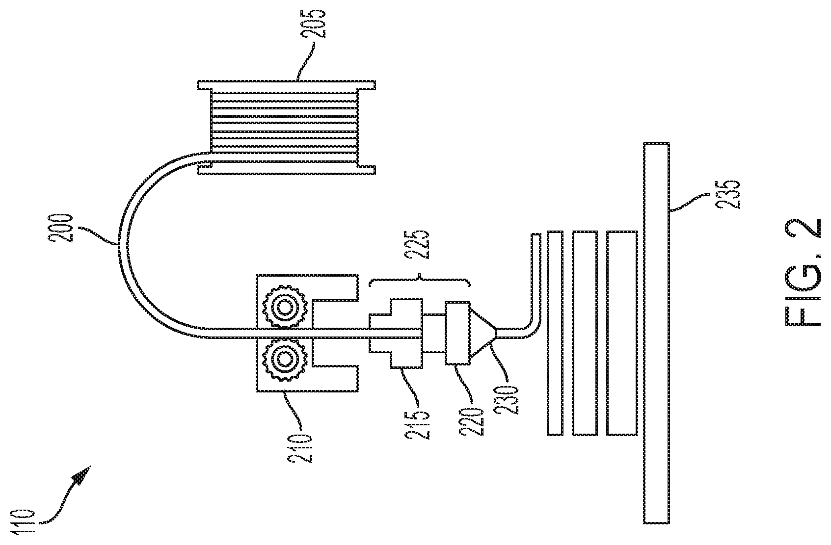 Patent US12103222 Figure 2 – Methods and systems for drawn fused filament fabrication printing
