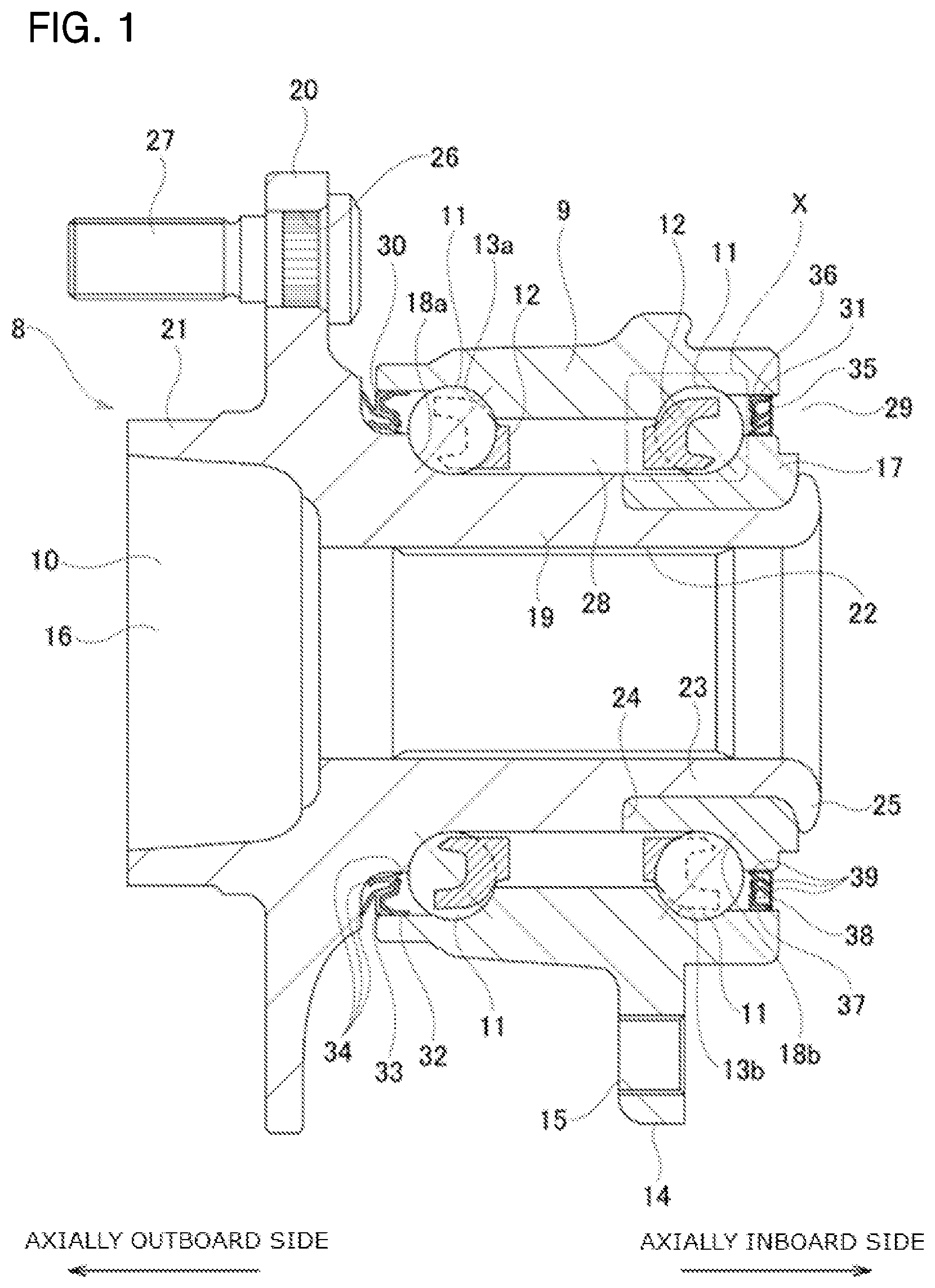 Patent US12103332 Figure 1 – Retainer for angular contact ball bearing, angular contact ball bearing, and hub unit bearing