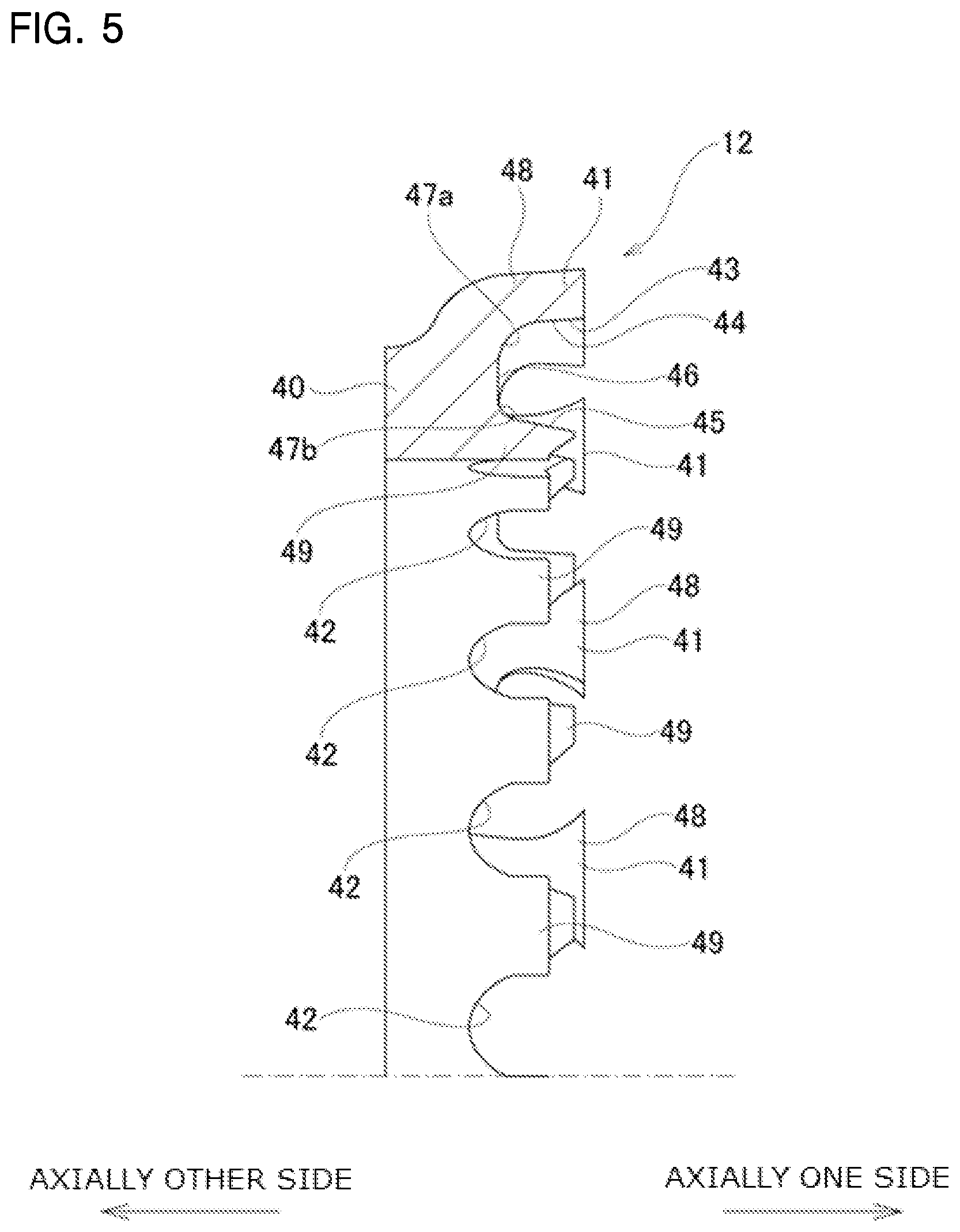 Patent US12103332 Figure 5 – Retainer for angular contact ball bearing, angular contact ball bearing, and hub unit bearing