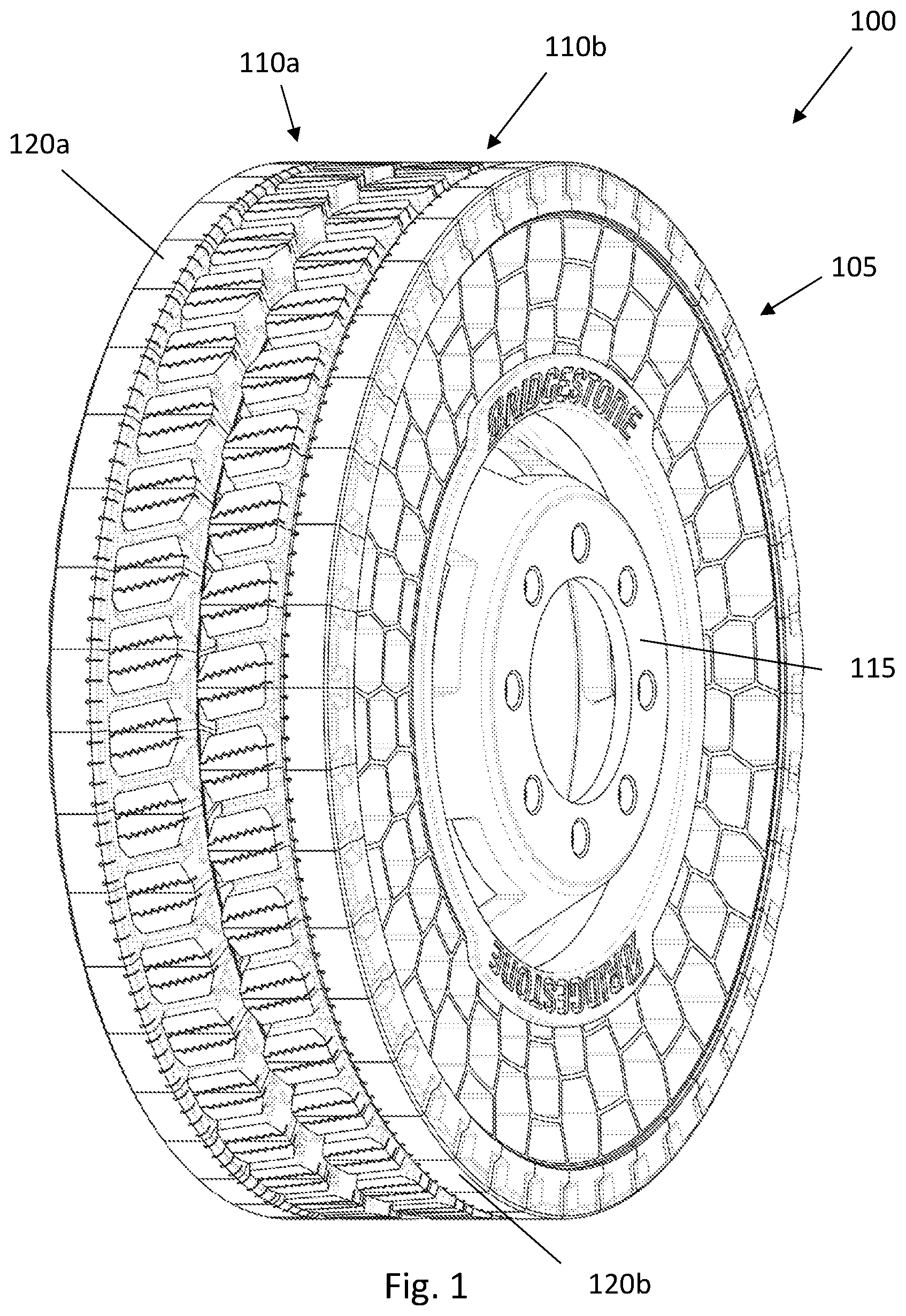 Patent US12103335 Figure 1 – Tire having a modular tread