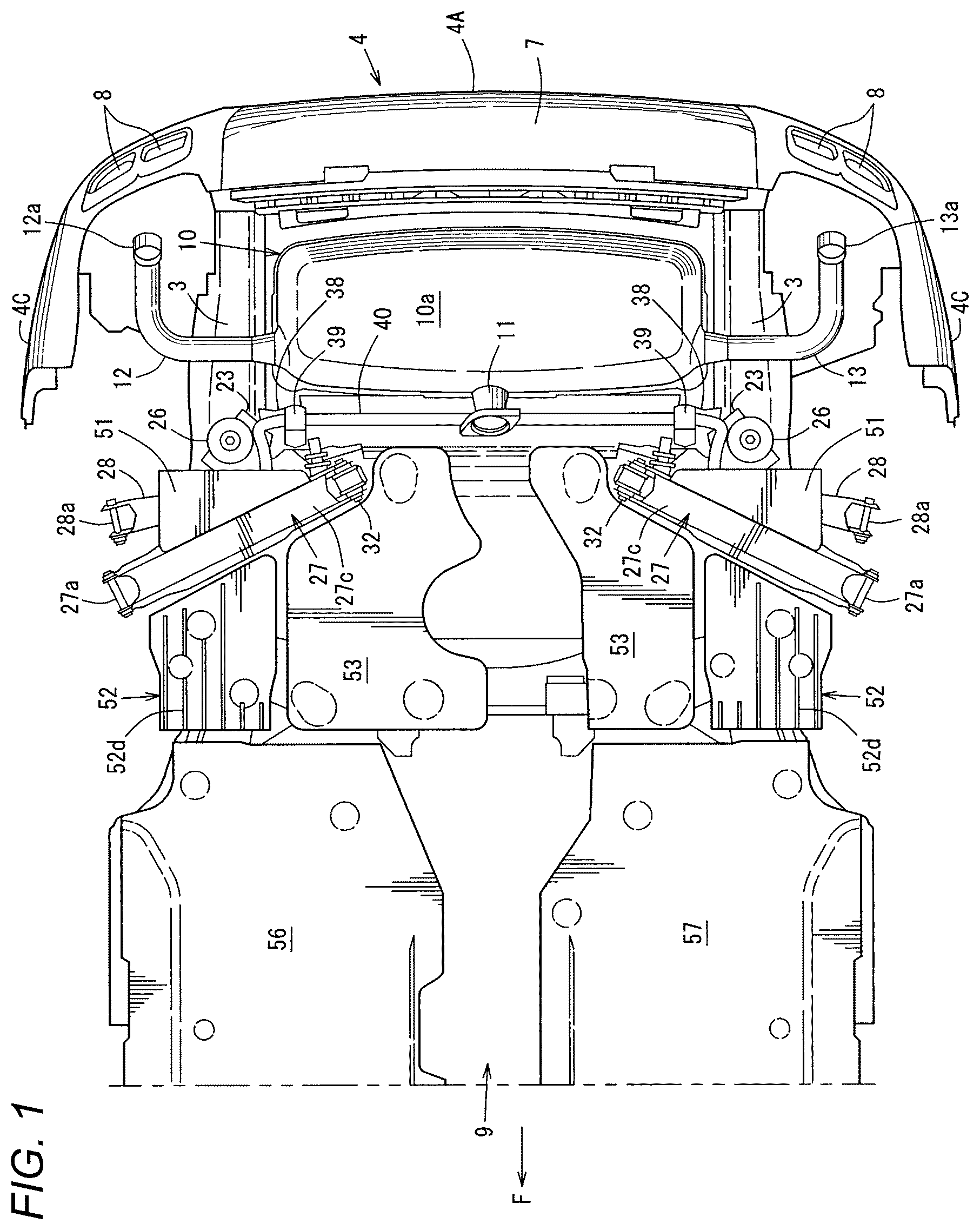 Patent US12103352 Figure 1 – Lower vehicle-body structure of vehicle