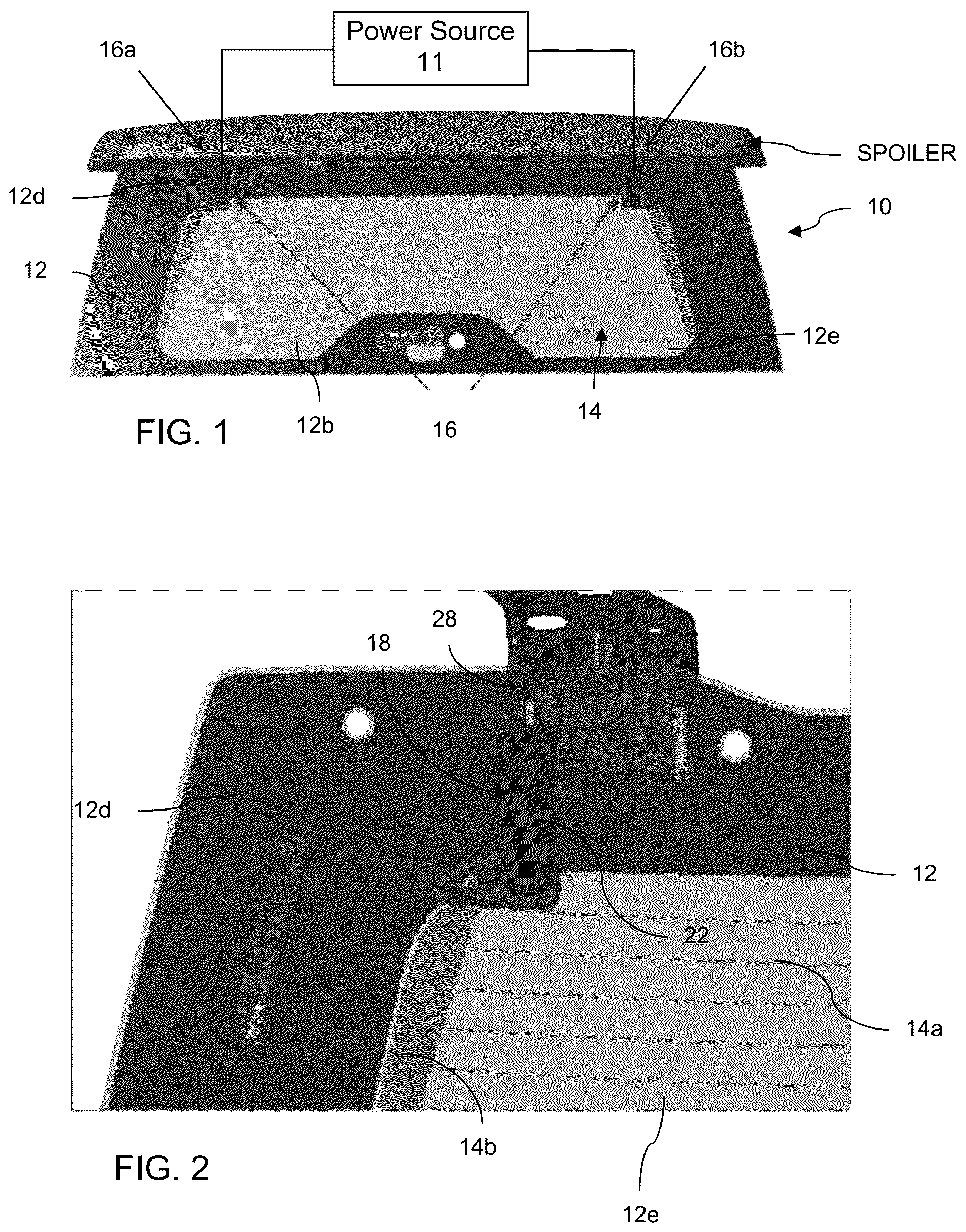 Patent US12103366 Figure 1 – Vehicular liftgate window assembly with heater grid electrical connection through glass window panel