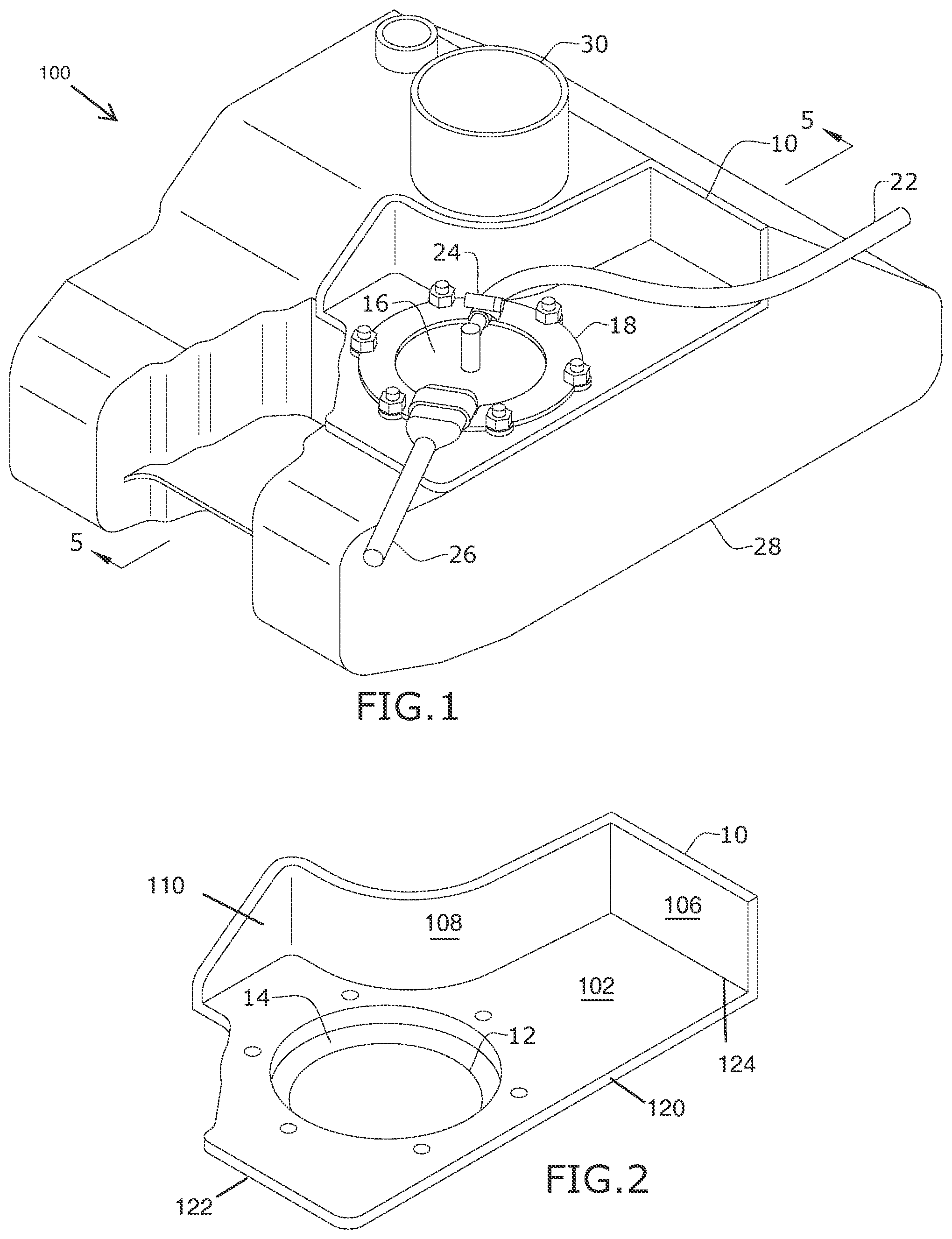 Patent US12103379 Figure 1 – Modified gas tank with built-in fuel pump with internal regulator adapted for utility, off-road, and all-terrain vehicles and a method of installing the same